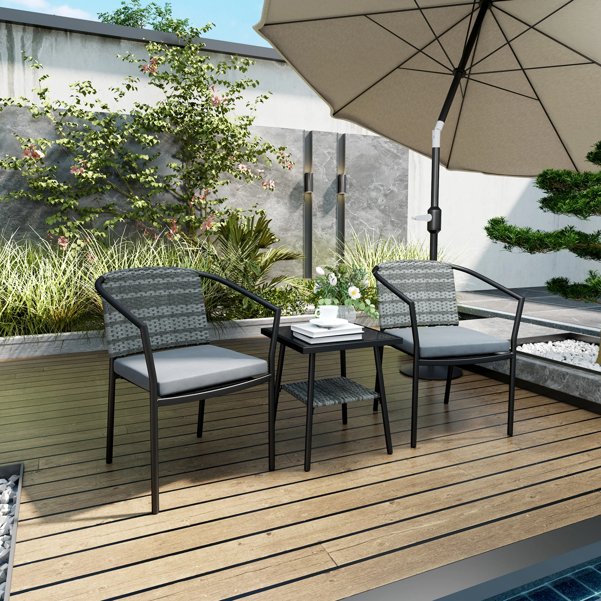 3 Pieces Rattan Bistro Set with Cushions, Glass Top Coffee Table and Chairs, Grey - Image 10