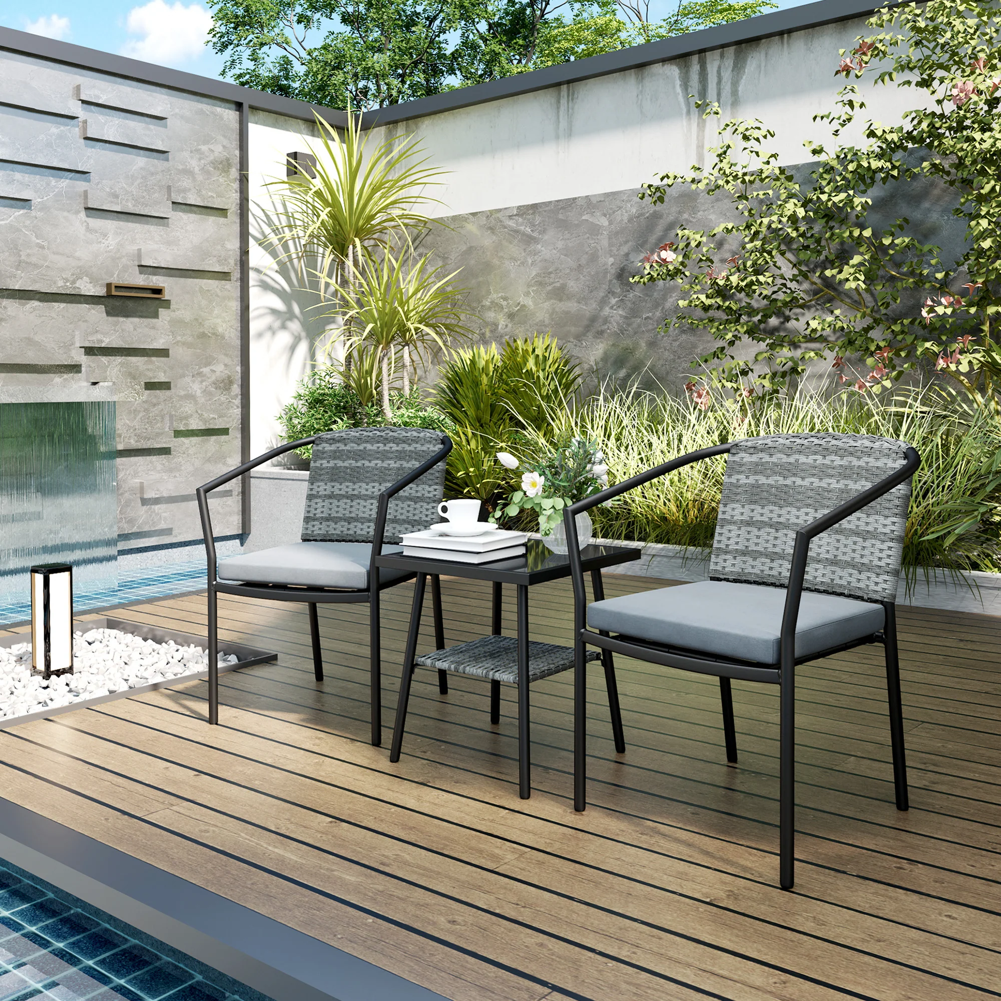 3 Pieces Rattan Bistro Set with Cushions, Glass Top Coffee Table and Chairs, Grey - Image 4