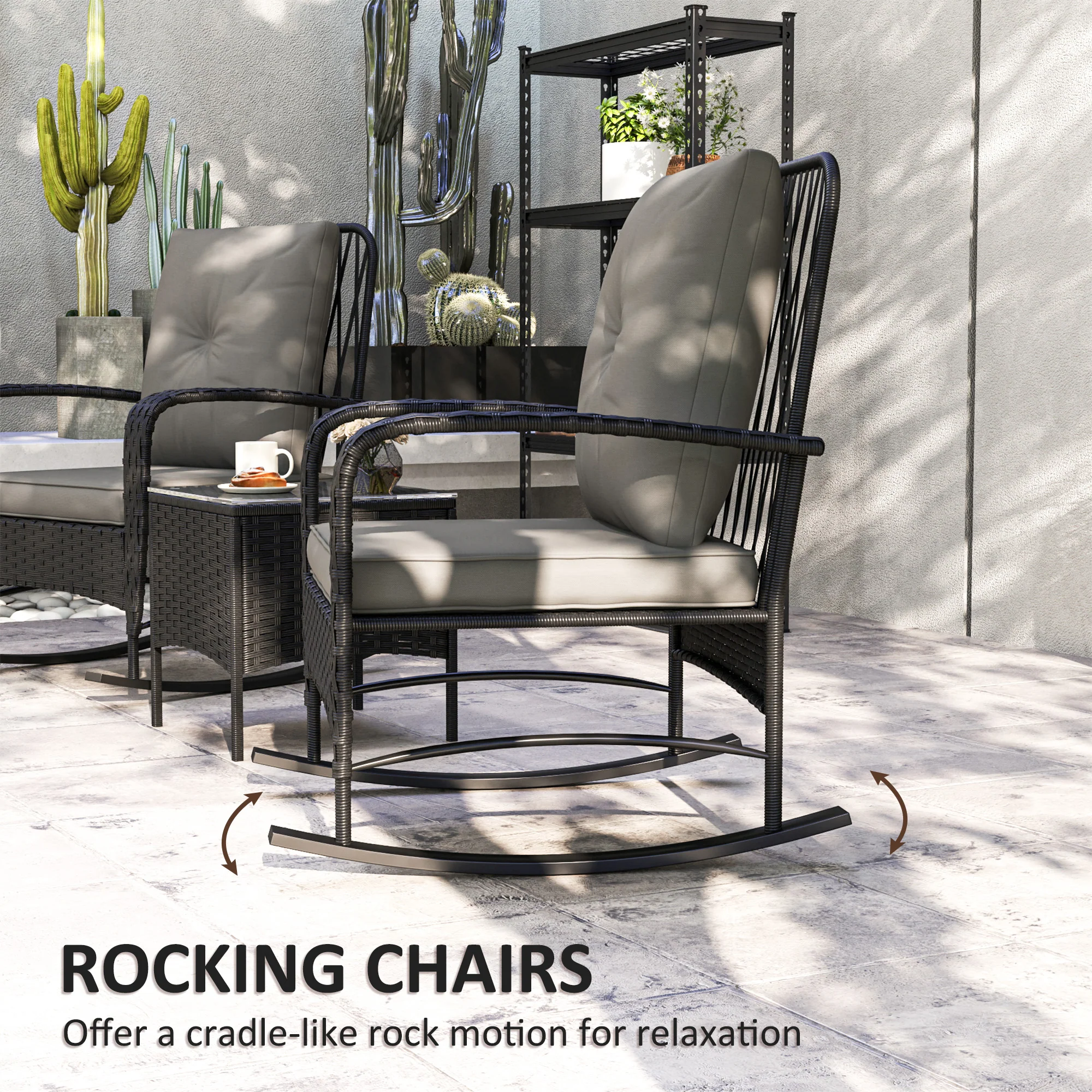 3 Pieces Wicker Rattan Bistro Set, Cushioned Rocking Chairs with Side Table, Grey - Image 6