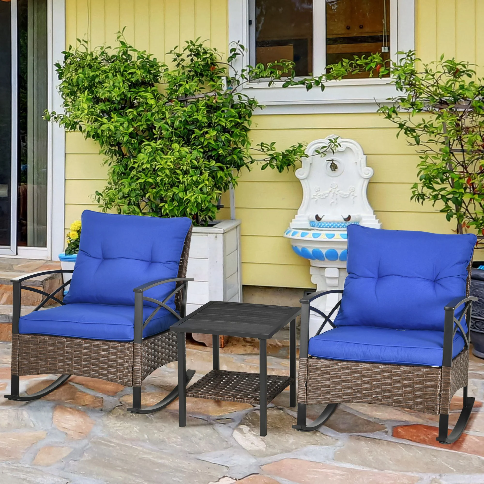 3 Pcs Outdoor PE Rattan Rocking Chair Set with Two-tier Table & Padded Cushions, Dark Blue - Image 4