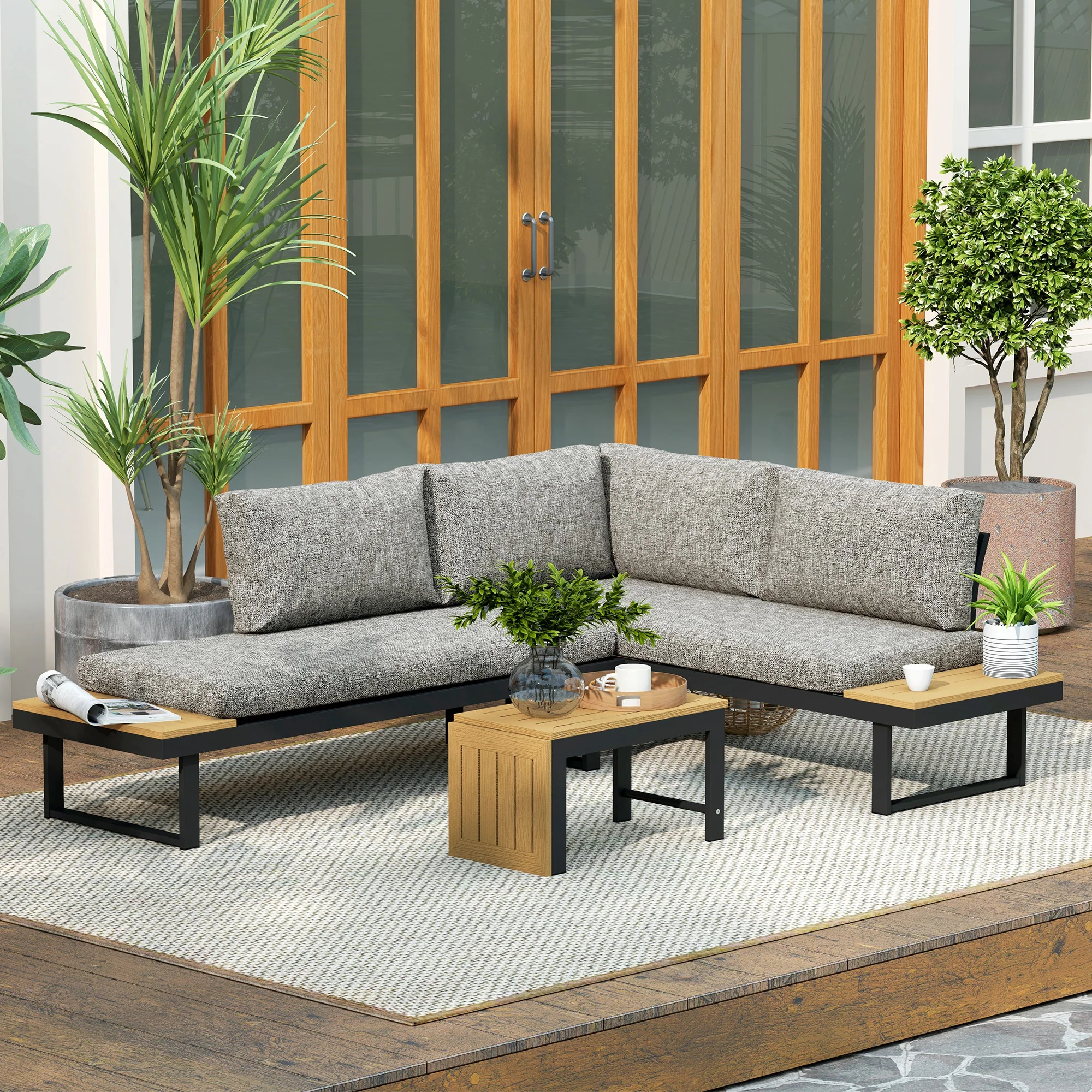 3pc Sectional Patio Set with 2 Loveseats and WPC Table, Light Grey - Image 11
