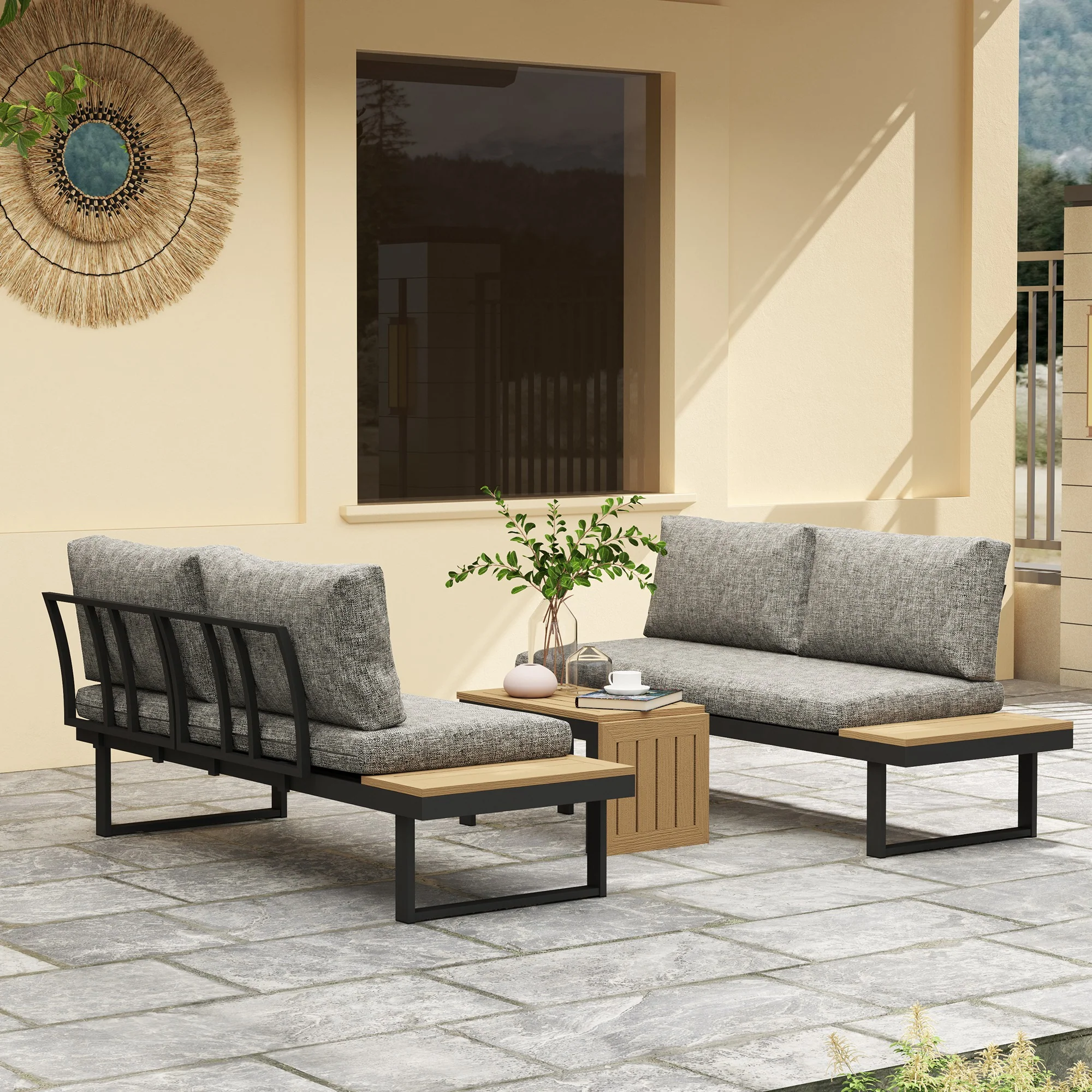 3pc Sectional Patio Set with 2 Loveseats and WPC Table, Light Grey - Image 3