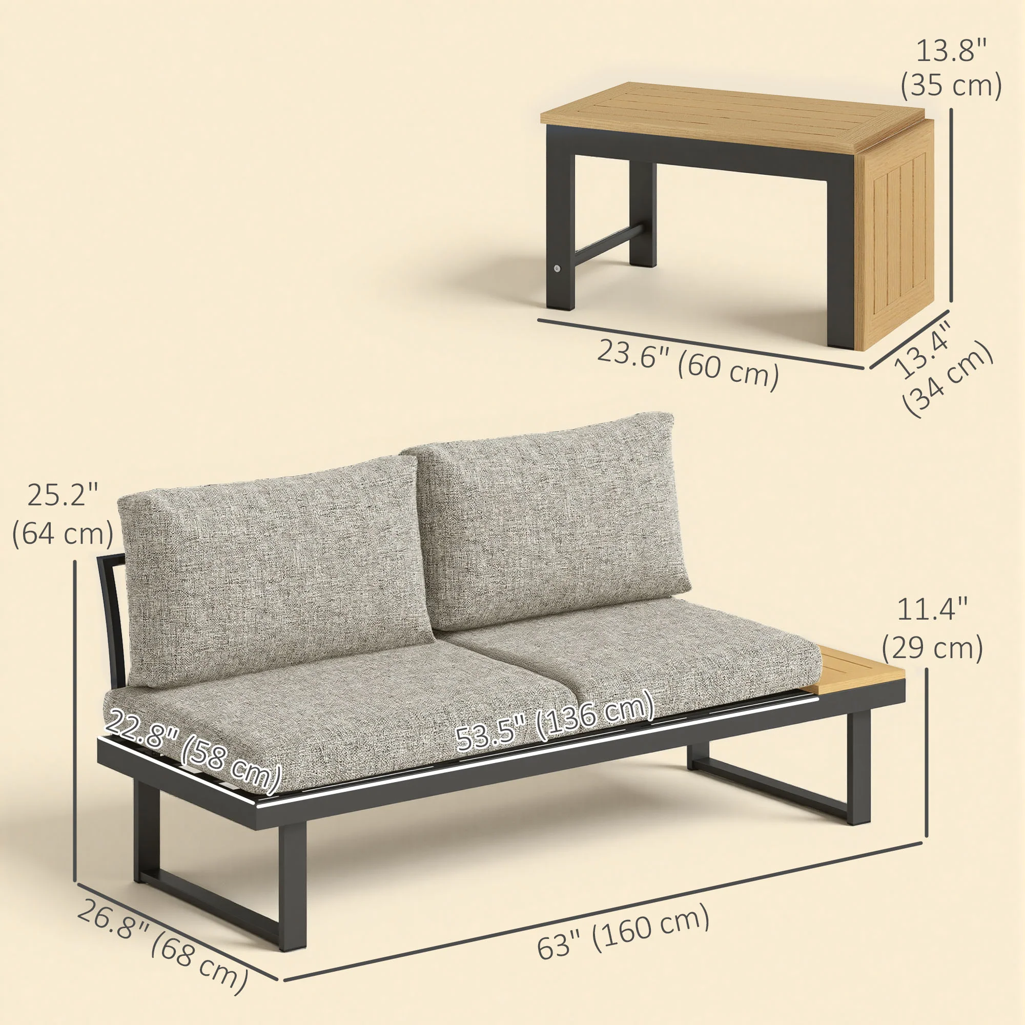 3pc Sectional Patio Set with 2 Loveseats and WPC Table, Light Grey - Image 5