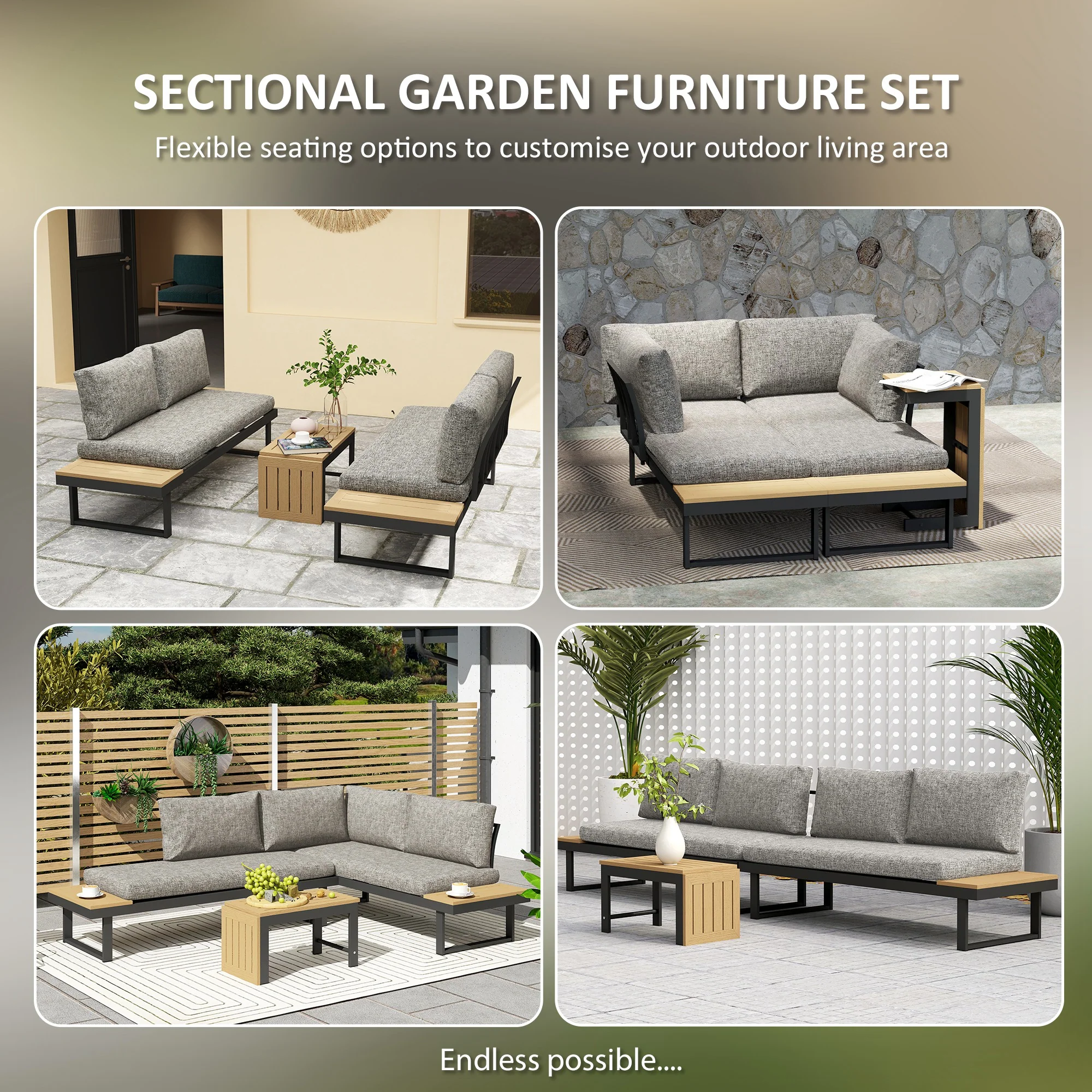 3pc Sectional Patio Set with 2 Loveseats and WPC Table, Light Grey - Image 6