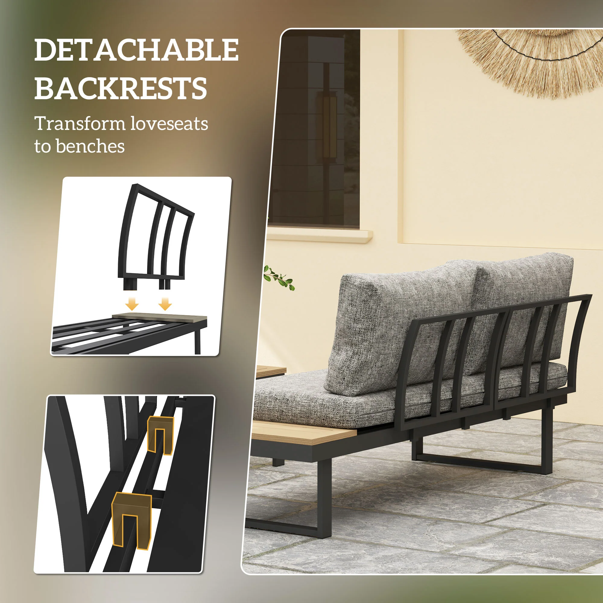 3pc Sectional Patio Set with 2 Loveseats and WPC Table, Light Grey - Image 7