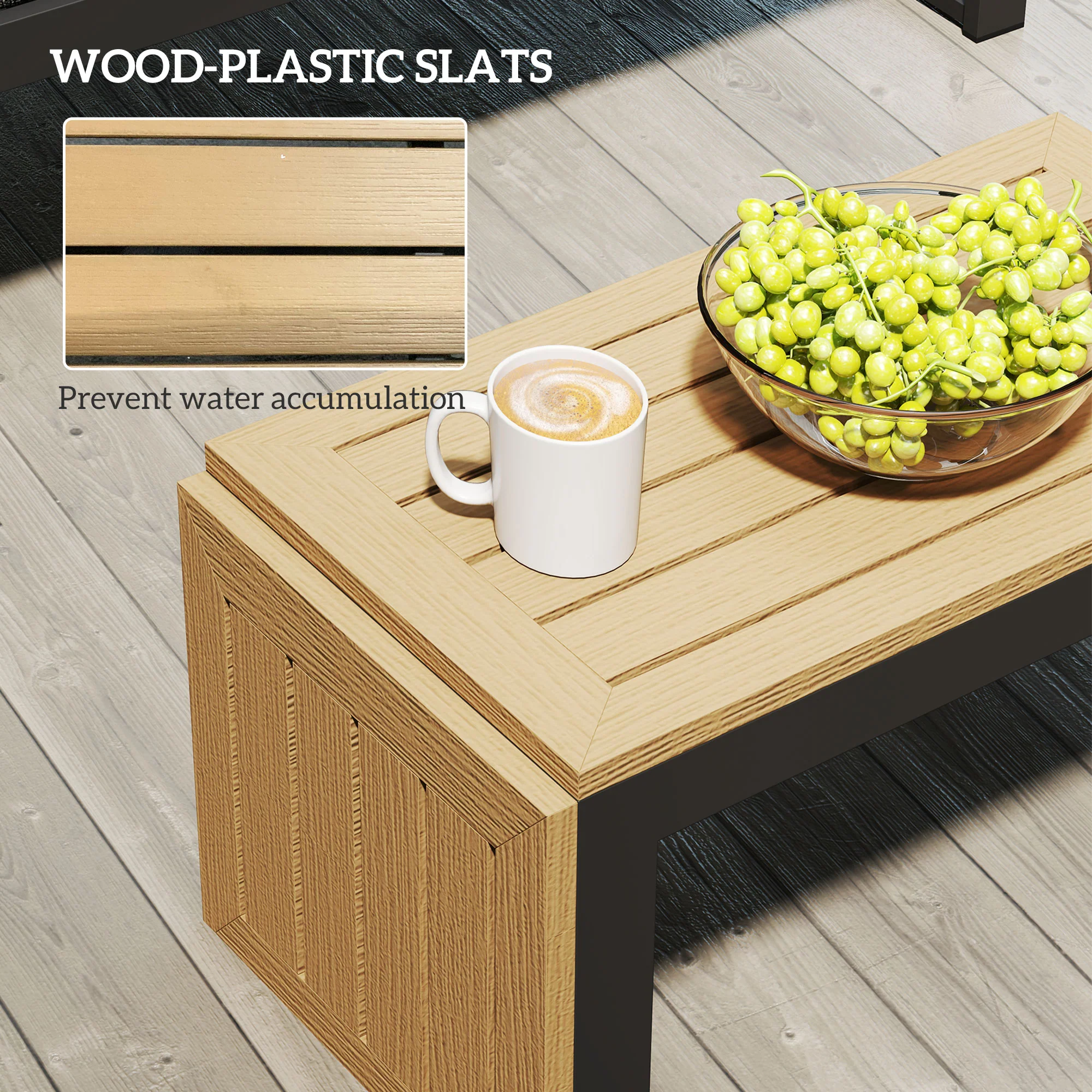 3PC Aluminum Corner Patio Furniture Set w/ 2 Loveseats & Wood-Plastic Coffee Table, Grey - Image 10