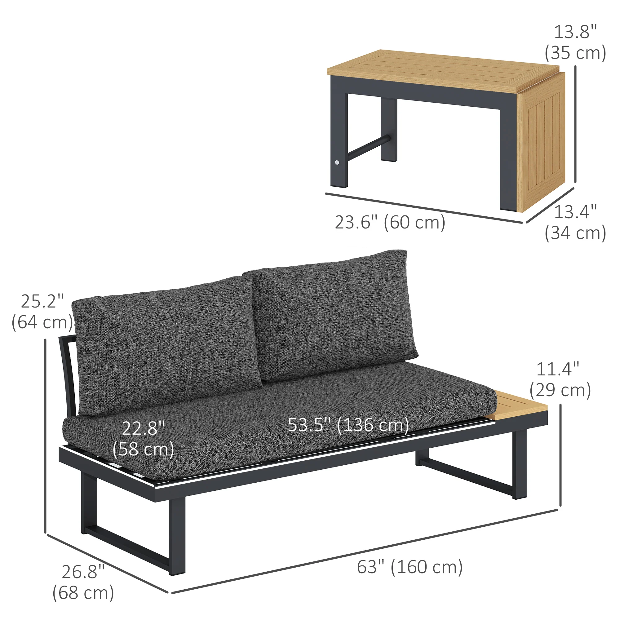 3PC Aluminum Corner Patio Furniture Set w/ 2 Loveseats & Wood-Plastic Coffee Table, Grey - Image 5