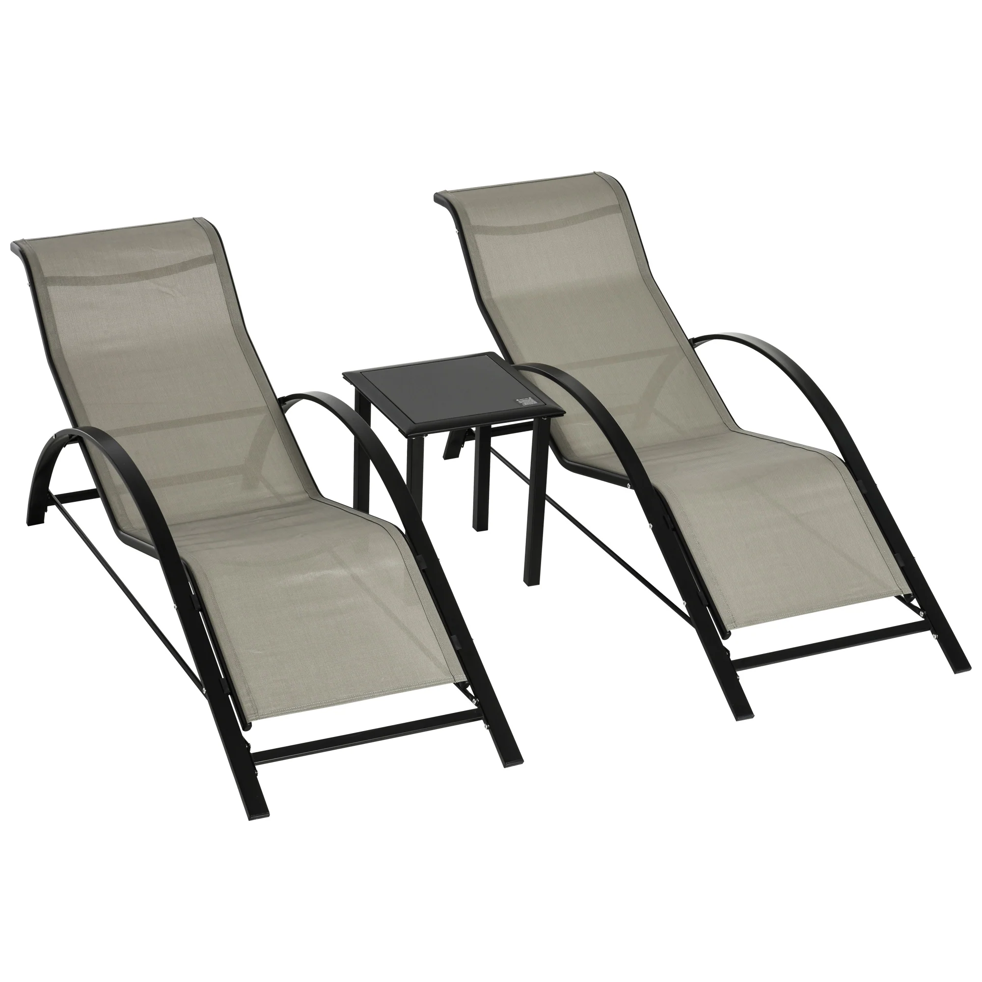 3 Pieces Sun Lounger Set, Metal Frame Sunbathing Chair with Side Table & Armrest, Grey
