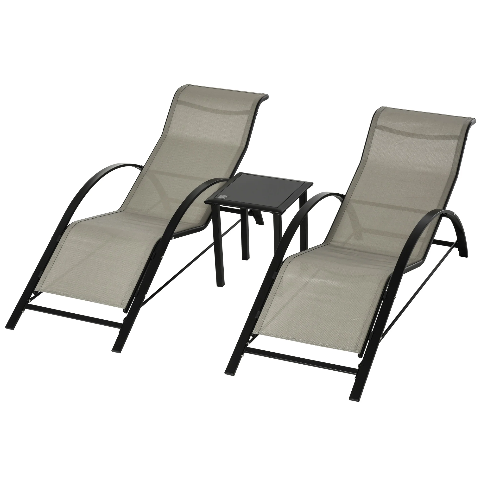 3 Pieces Sun Lounger Set, Metal Frame Sunbathing Chair with Side Table & Armrest, Grey - Image 2