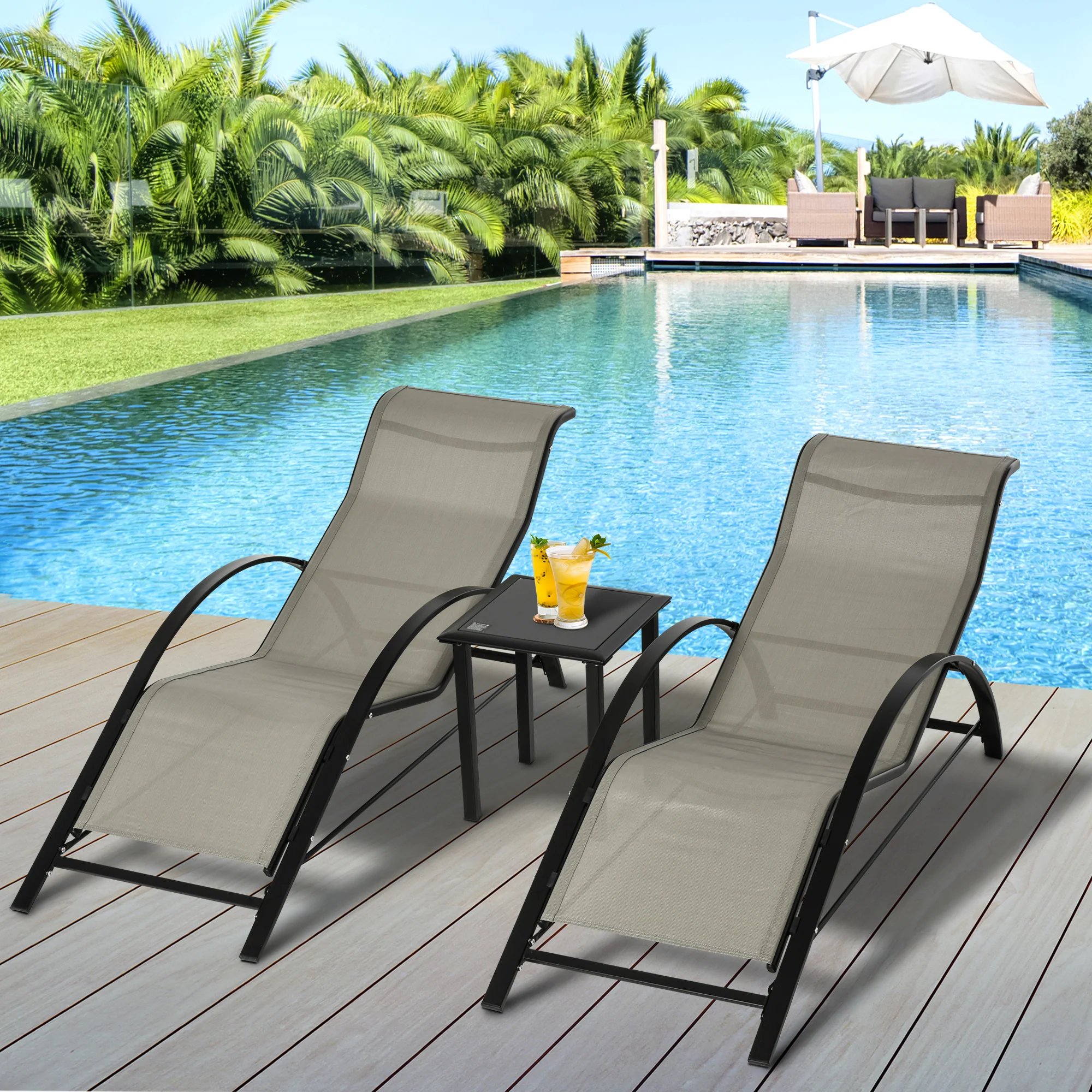 3 Pieces Sun Lounger Set, Metal Frame Sunbathing Chair with Side Table & Armrest, Grey - Image 3