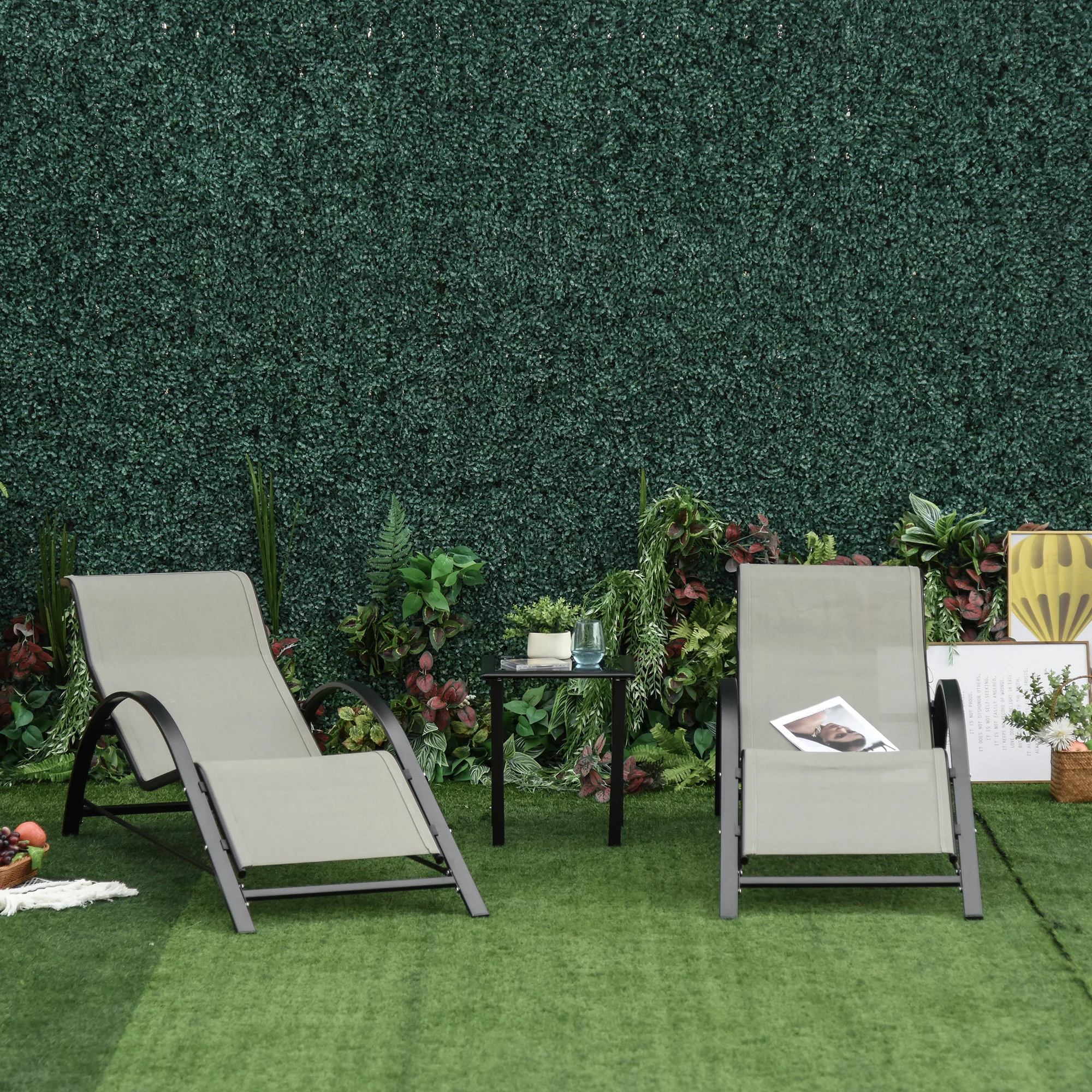 3 Pieces Sun Lounger Set, Metal Frame Sunbathing Chair with Side Table & Armrest, Grey - Image 4