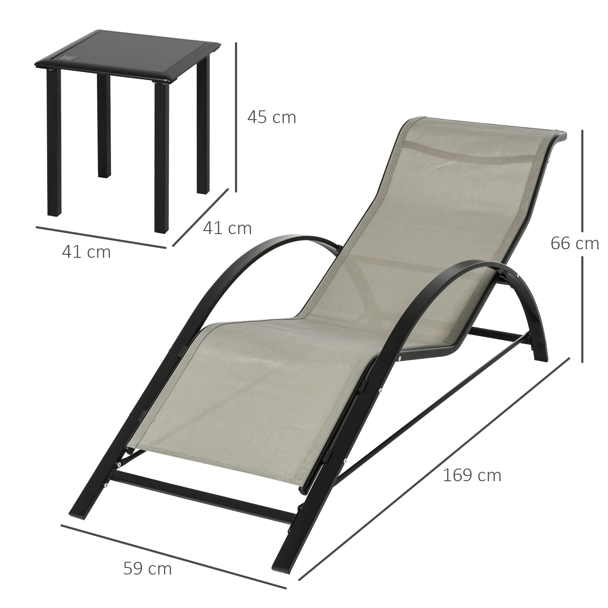 3 Pieces Sun Lounger Set, Metal Frame Sunbathing Chair with Side Table & Armrest, Grey - Image 5