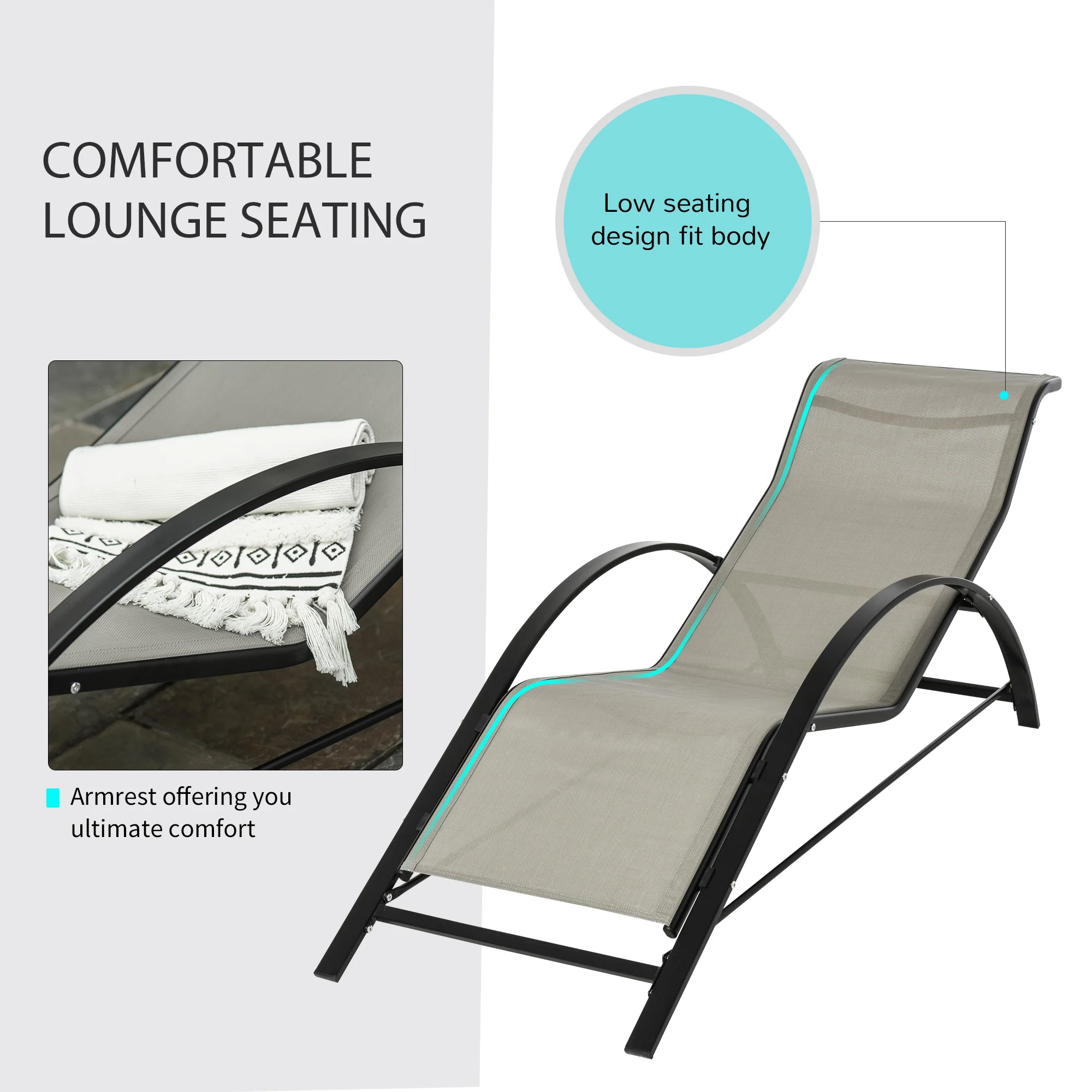 3 Pieces Sun Lounger Set, Metal Frame Sunbathing Chair with Side Table & Armrest, Grey - Image 6