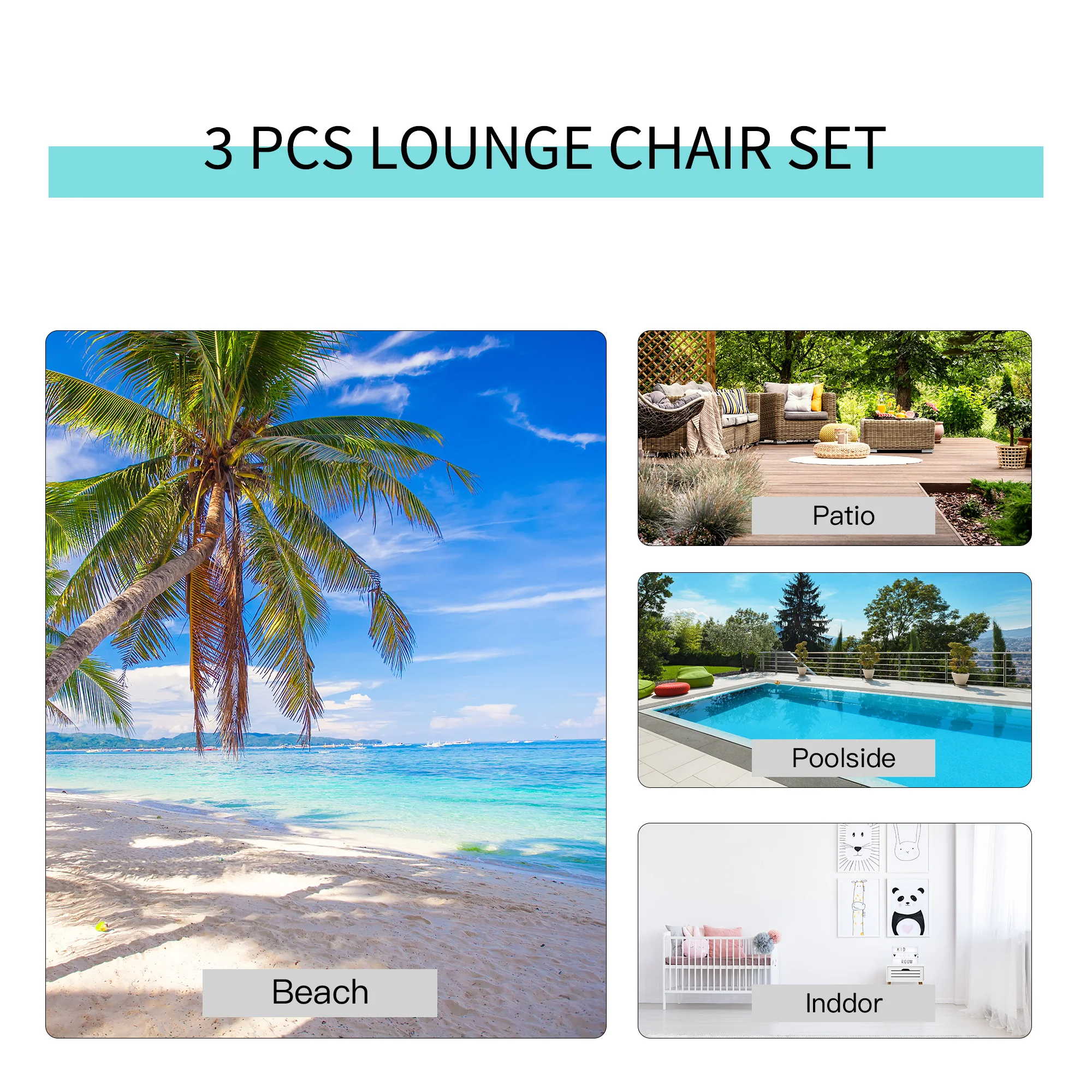 3 Pieces Sun Lounger Set, Metal Frame Sunbathing Chair with Side Table & Armrest, Grey - Image 9