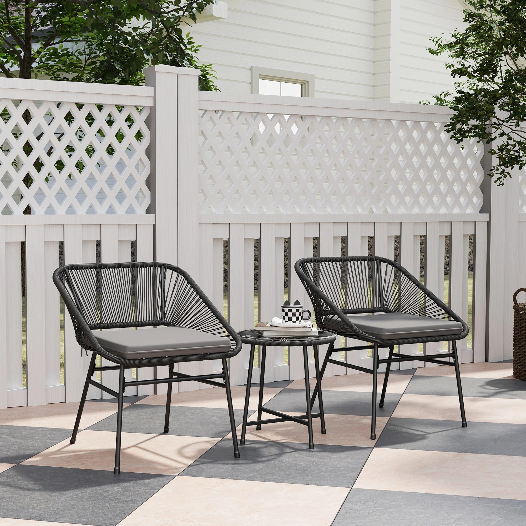 3 Piece Bistro Set, Wicker Outdoor Patio Furniture Set with Glass Top Table, Black - Image 3