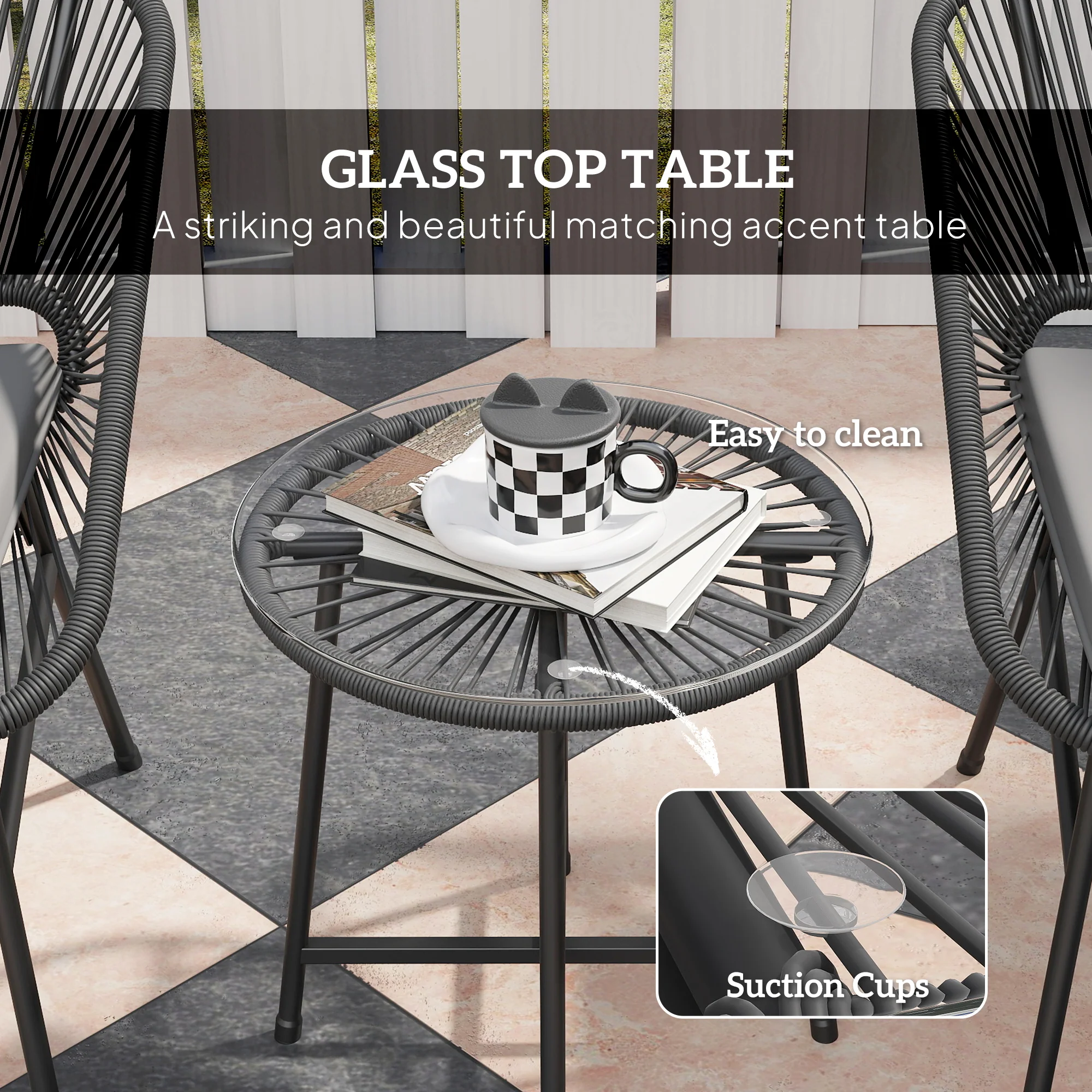 3 Piece Bistro Set, Wicker Outdoor Patio Furniture Set with Glass Top Table, Black - Image 9
