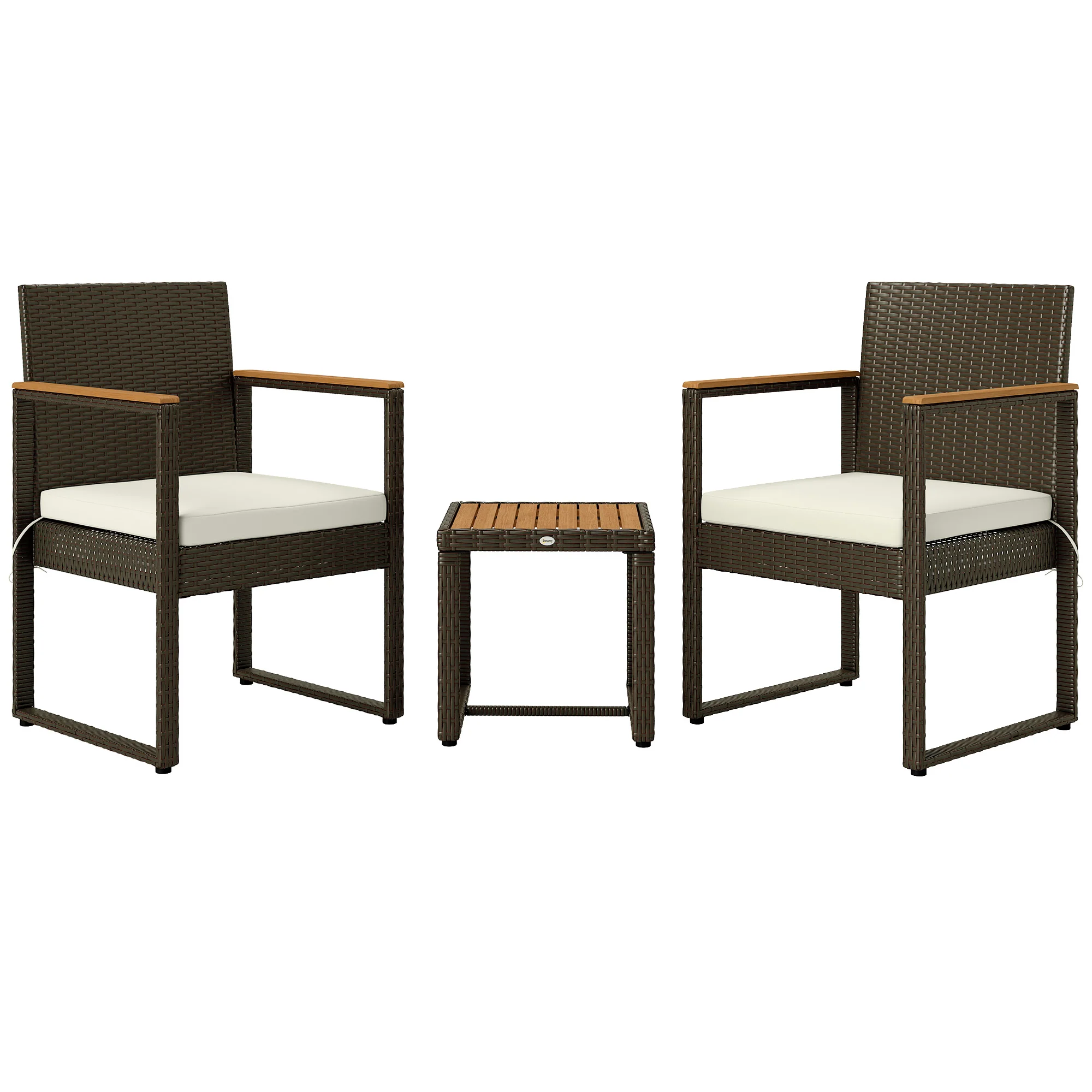 3 Pieces Wicker Rattan Bistro Set w/ Acacia Wood Table & Removable Cushions, White