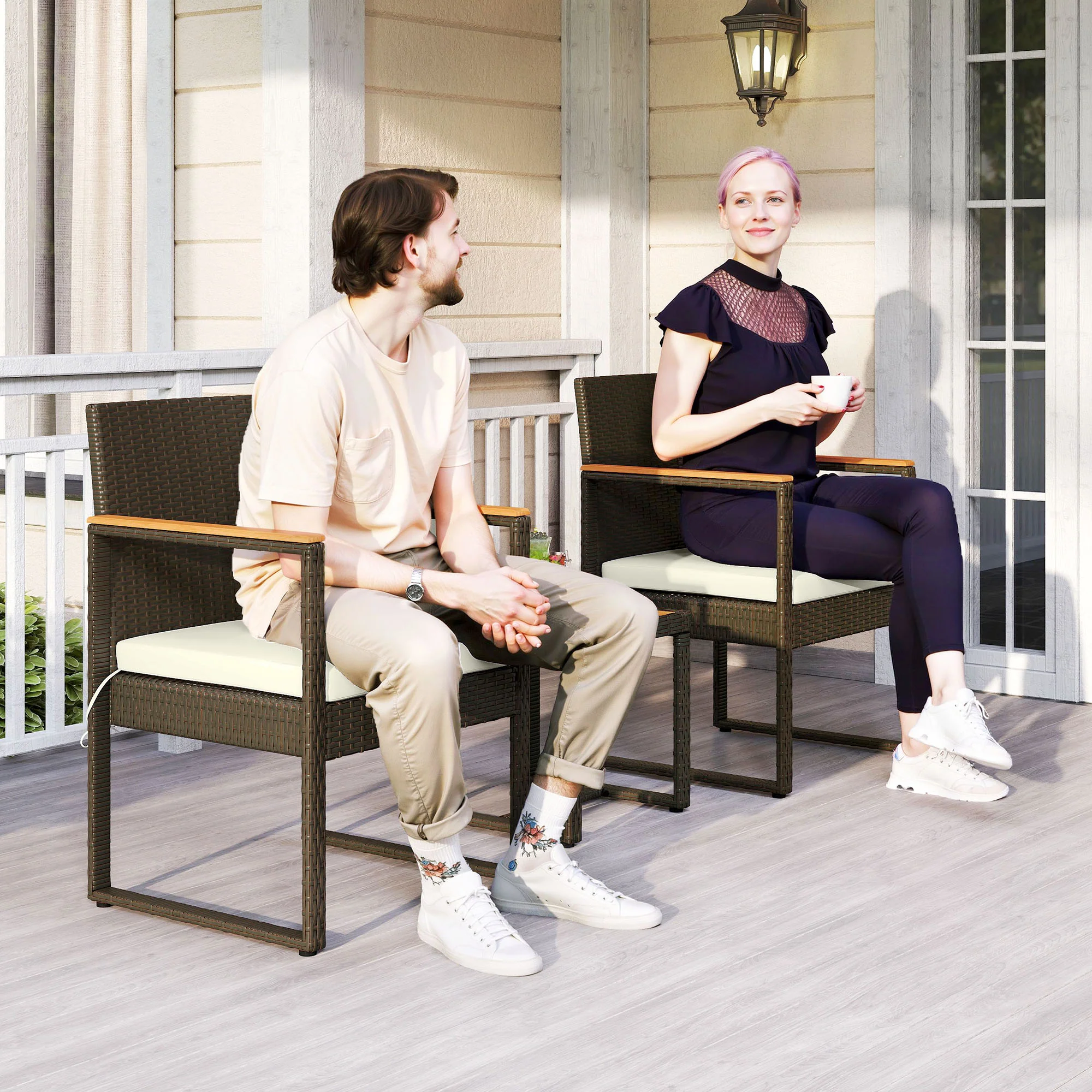 3 Pieces Wicker Rattan Bistro Set w/ Acacia Wood Table & Removable Cushions, White - Image 10