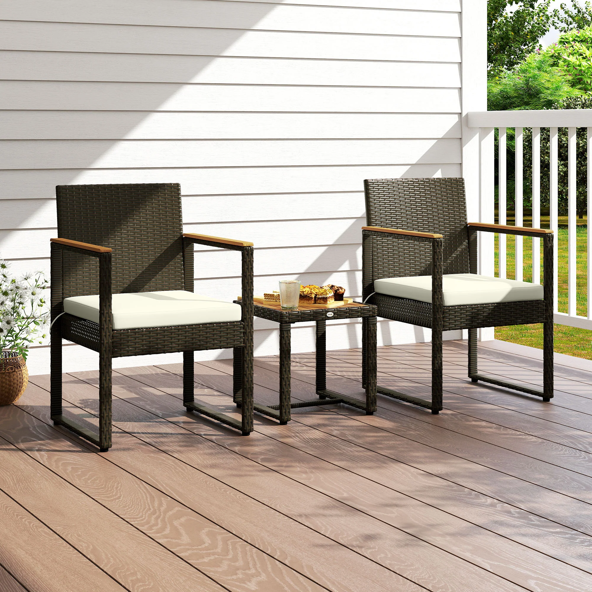 3 Pieces Wicker Rattan Bistro Set w/ Acacia Wood Table & Removable Cushions, White - Image 11