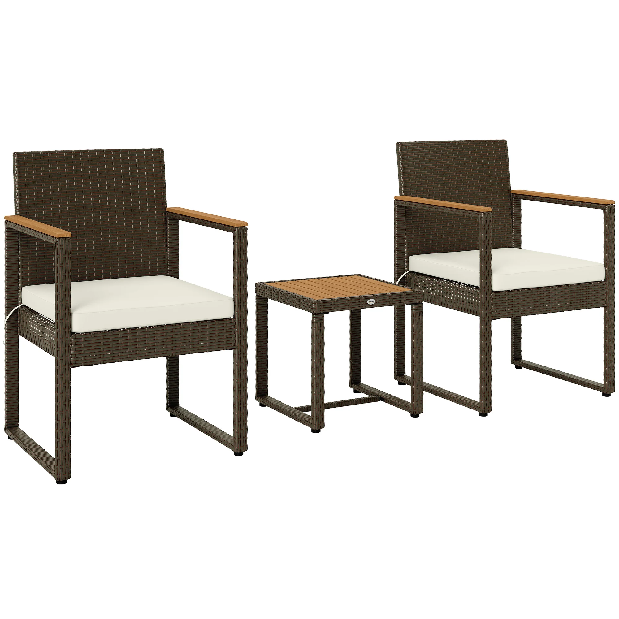 3 Pieces Wicker Rattan Bistro Set w/ Acacia Wood Table & Removable Cushions, White - Image 2