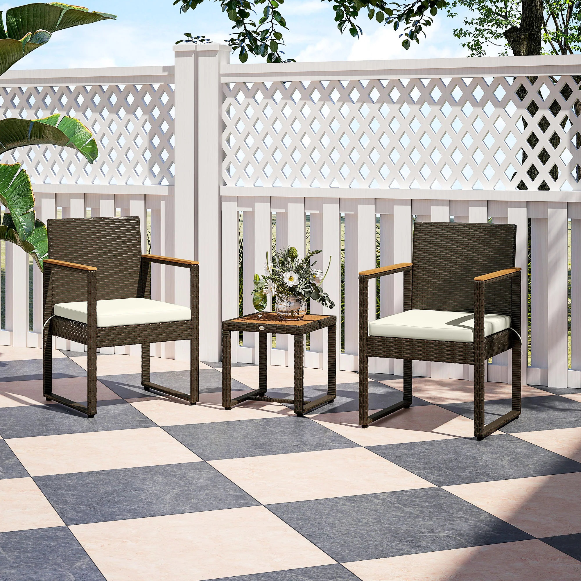 3 Pieces Wicker Rattan Bistro Set w/ Acacia Wood Table & Removable Cushions, White - Image 3