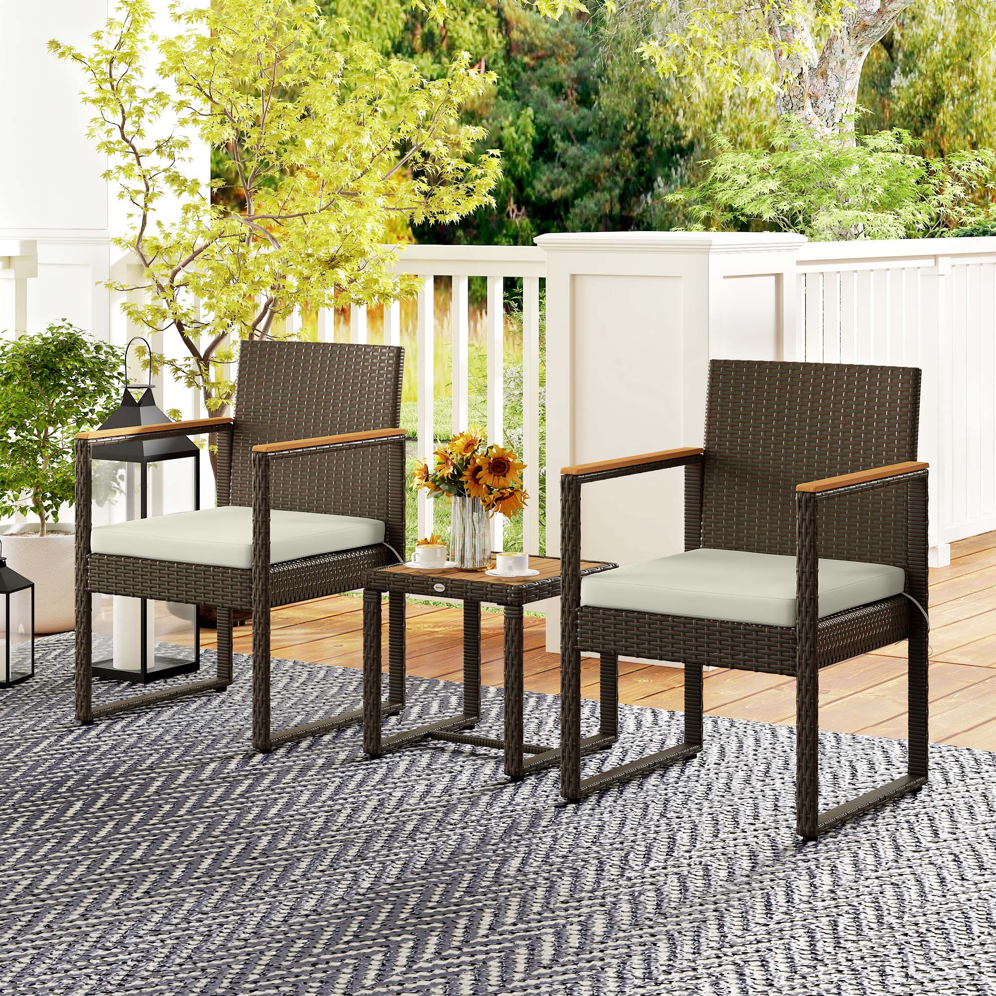 3 Pieces Wicker Rattan Bistro Set w/ Acacia Wood Table & Removable Cushions, White - Image 4