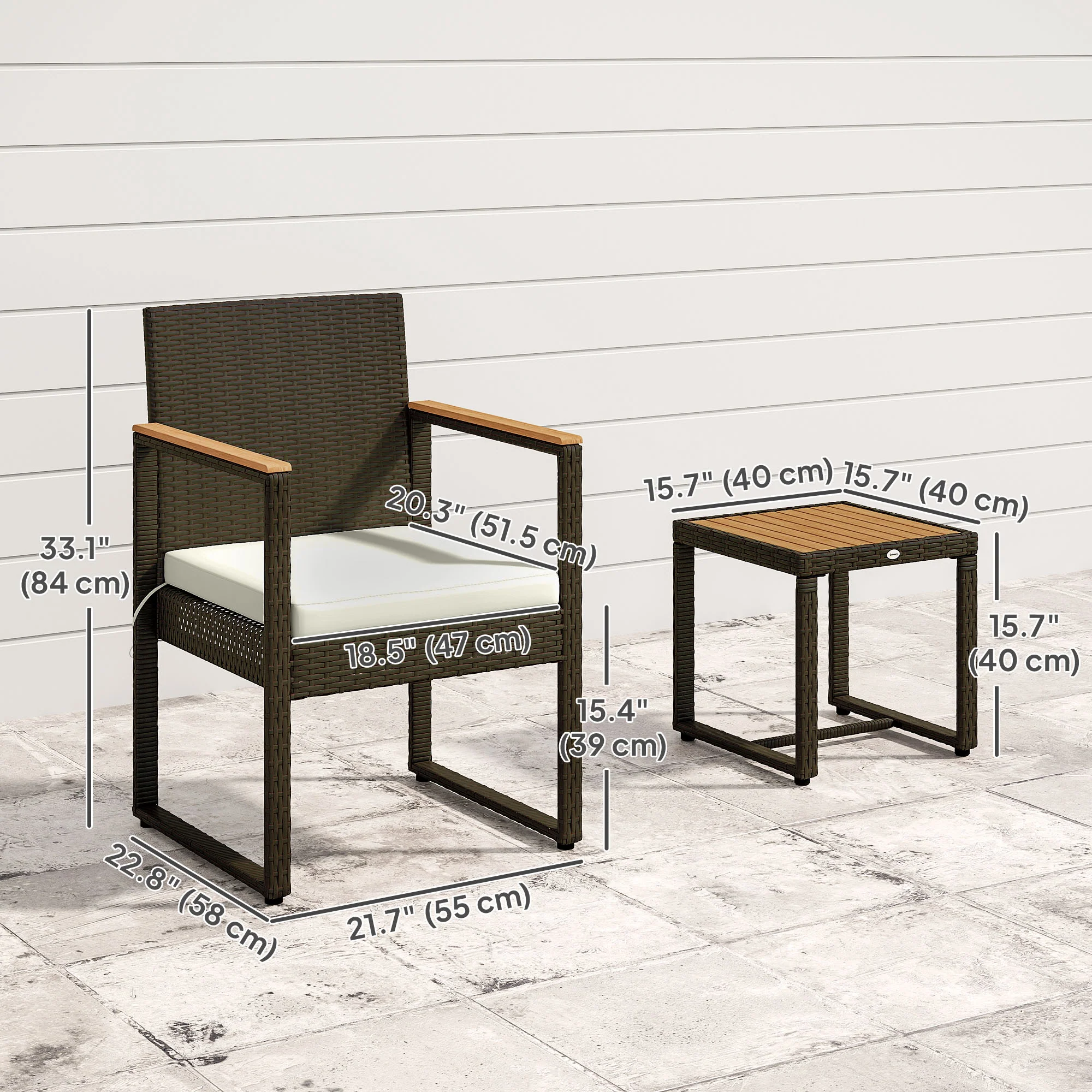3 Pieces Wicker Rattan Bistro Set w/ Acacia Wood Table & Removable Cushions, White - Image 5