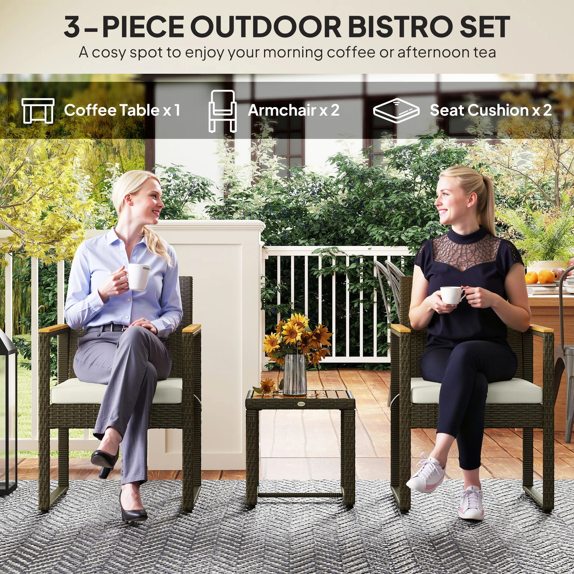 3 Pieces Wicker Rattan Bistro Set w/ Acacia Wood Table & Removable Cushions, White - Image 6