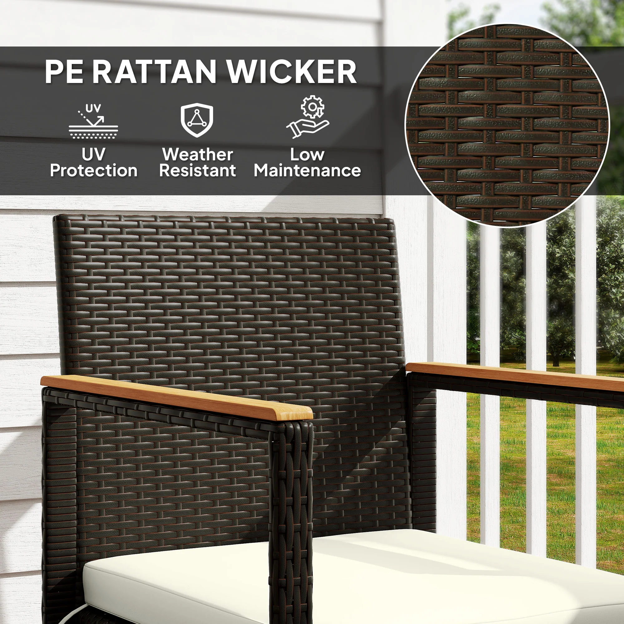 3 Pieces Wicker Rattan Bistro Set w/ Acacia Wood Table & Removable Cushions, White - Image 7