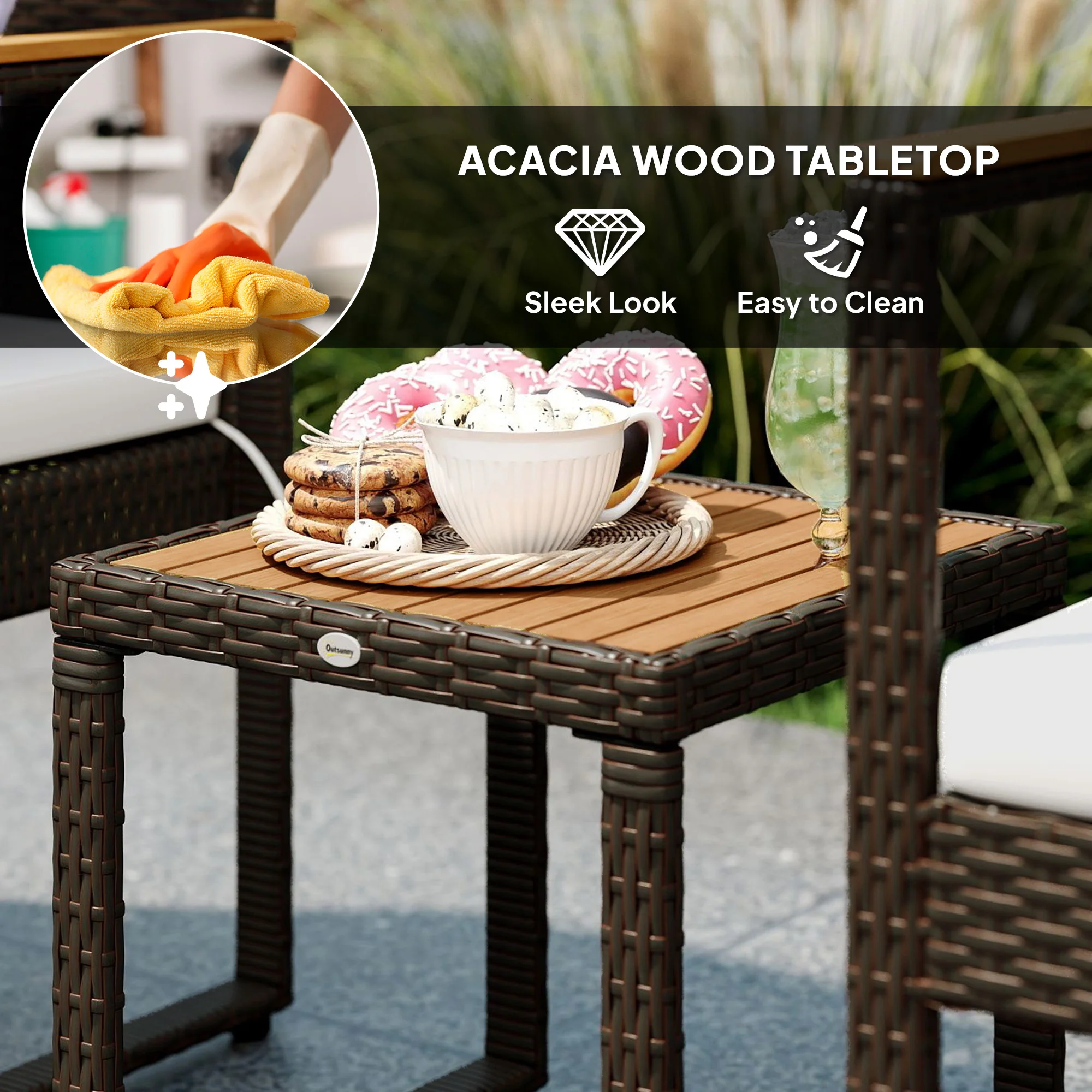 3 Pieces Wicker Rattan Bistro Set w/ Acacia Wood Table & Removable Cushions, White - Image 8