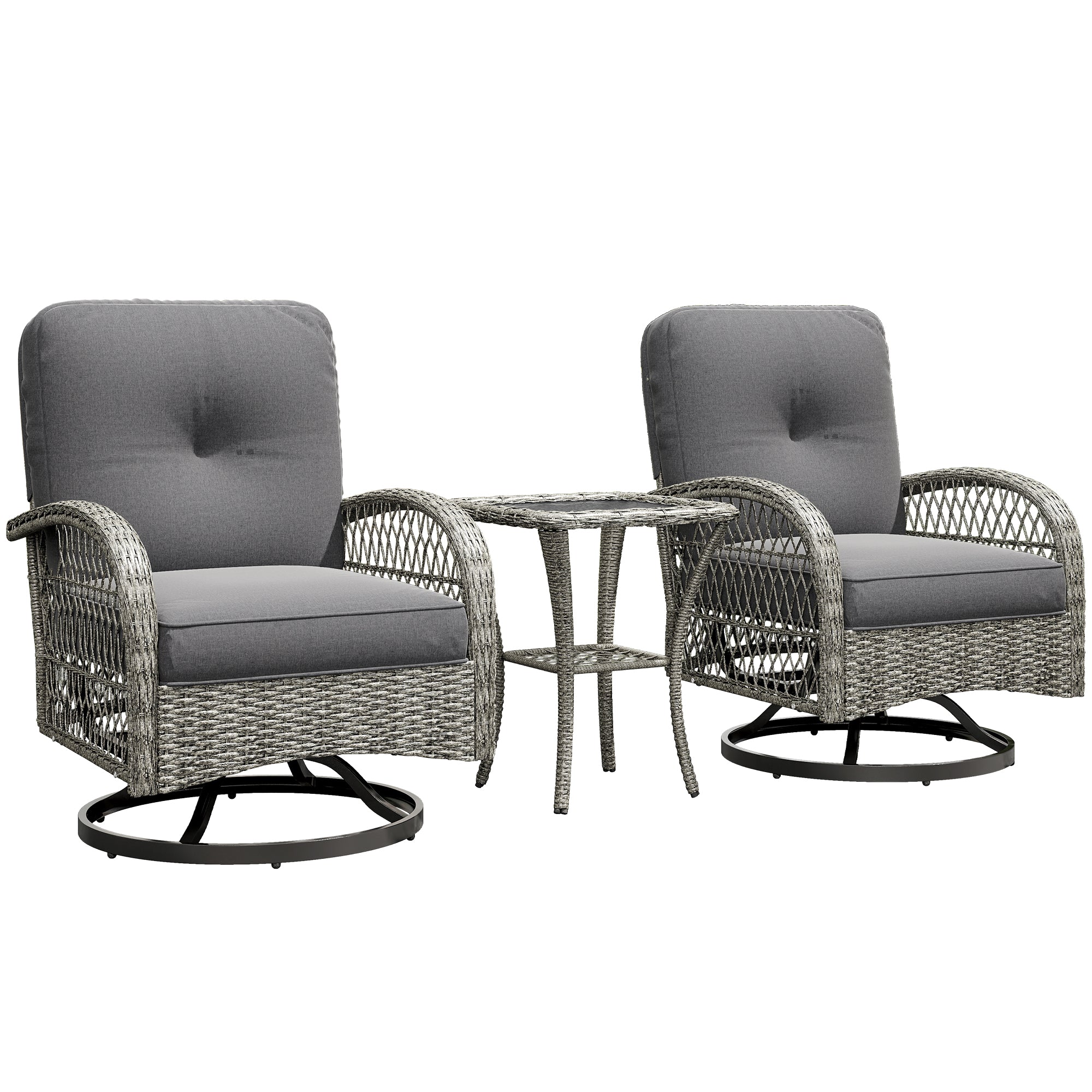 Wicker Balcony Furniture with 2 Swivel Rocking Chairs and 2-Tier Glass Coffee Table, Grey