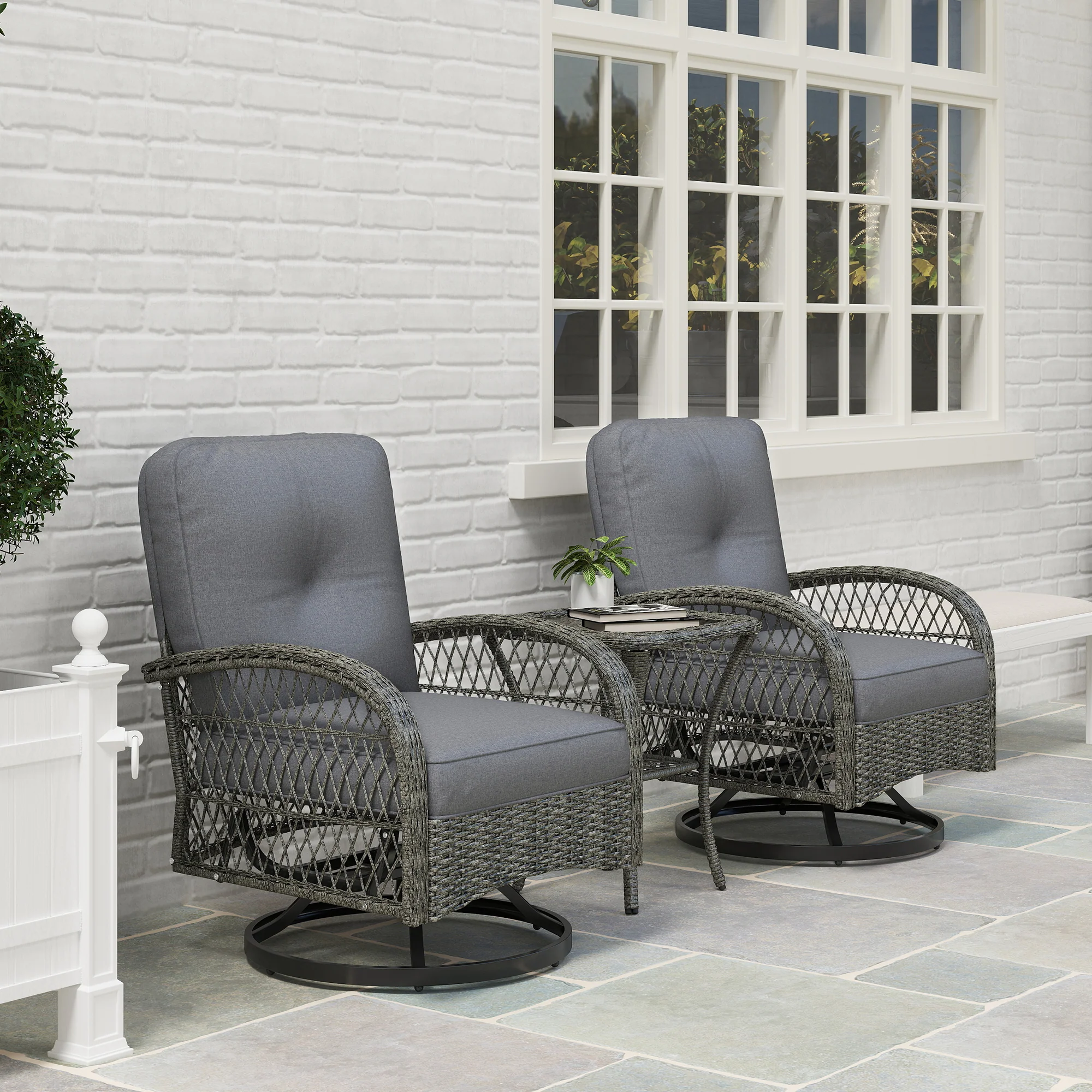 Wicker Balcony Furniture with 2 Swivel Rocking Chairs and 2-Tier Glass Coffee Table, Grey - Image 10