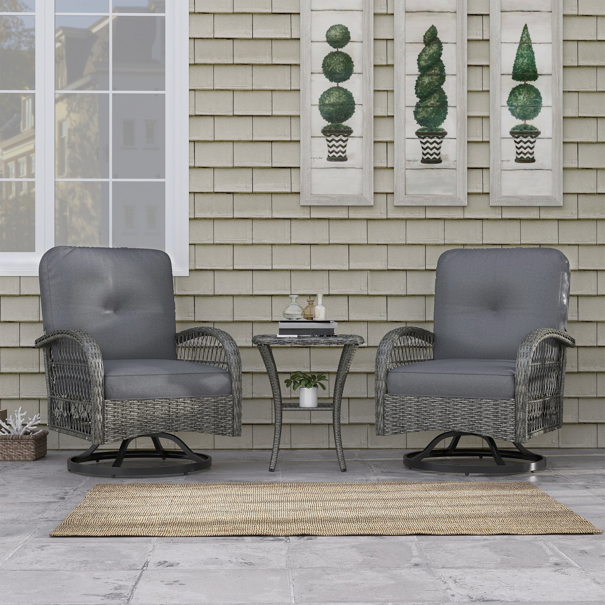 Wicker Balcony Furniture with 2 Swivel Rocking Chairs and 2-Tier Glass Coffee Table, Grey - Image 11