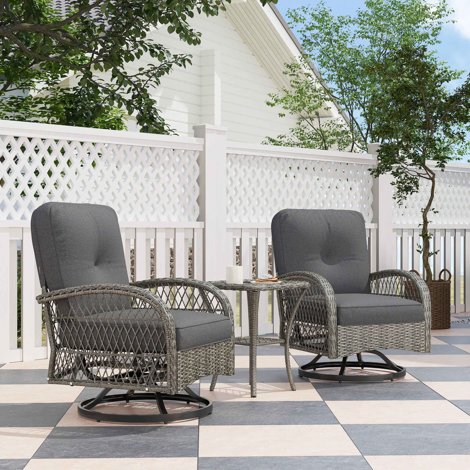 Wicker Balcony Furniture with 2 Swivel Rocking Chairs and 2-Tier Glass Coffee Table, Grey - Image 3