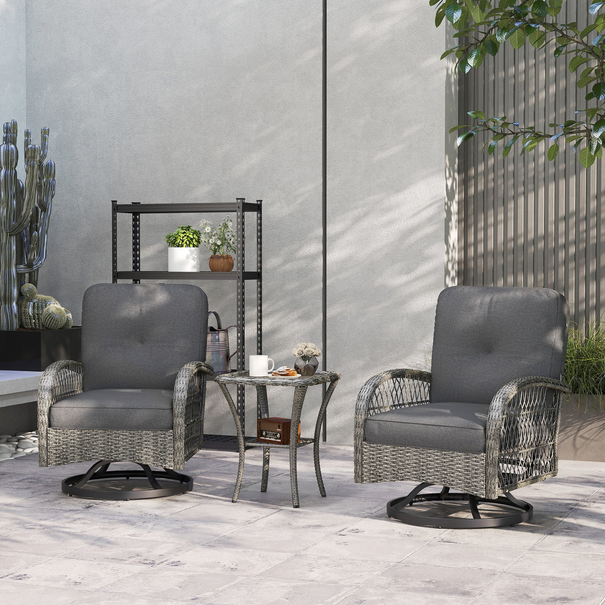 Wicker Balcony Furniture with 2 Swivel Rocking Chairs and 2-Tier Glass Coffee Table, Grey - Image 4