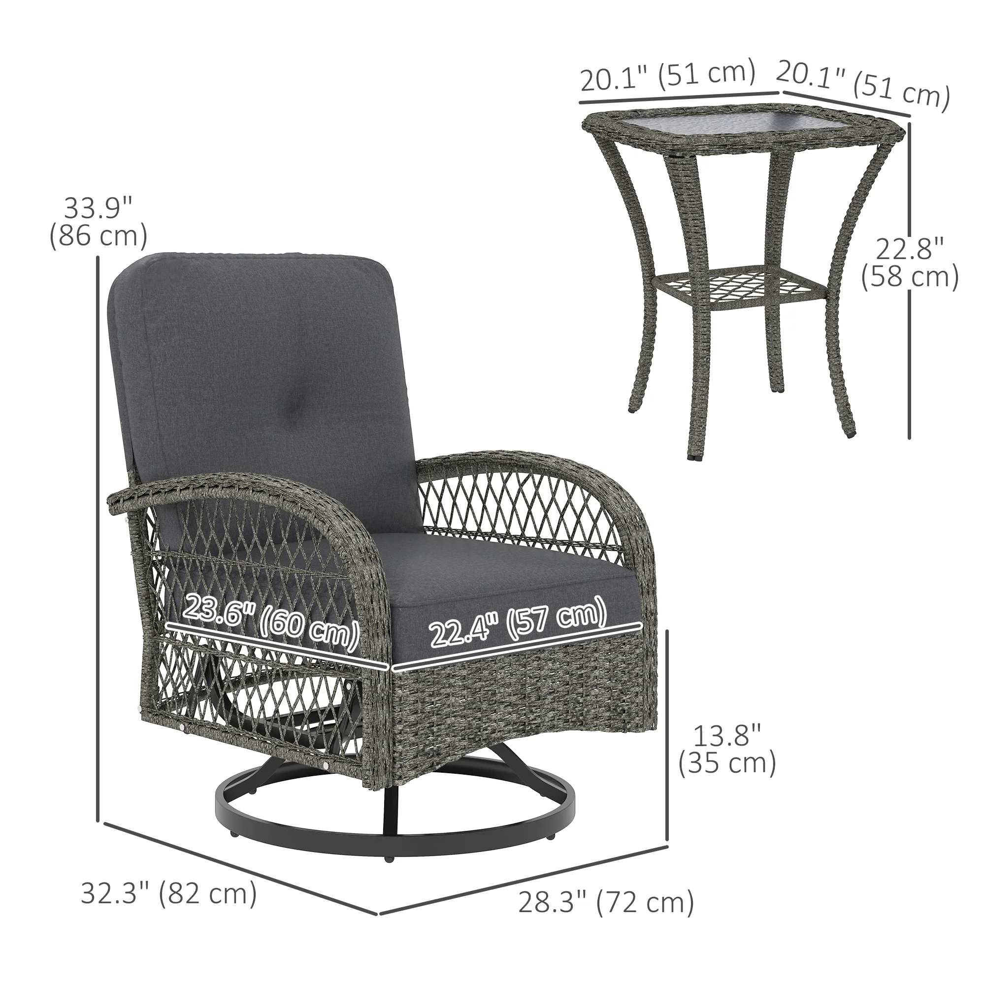 Wicker Balcony Furniture with 2 Swivel Rocking Chairs and 2-Tier Glass Coffee Table, Grey - Image 5