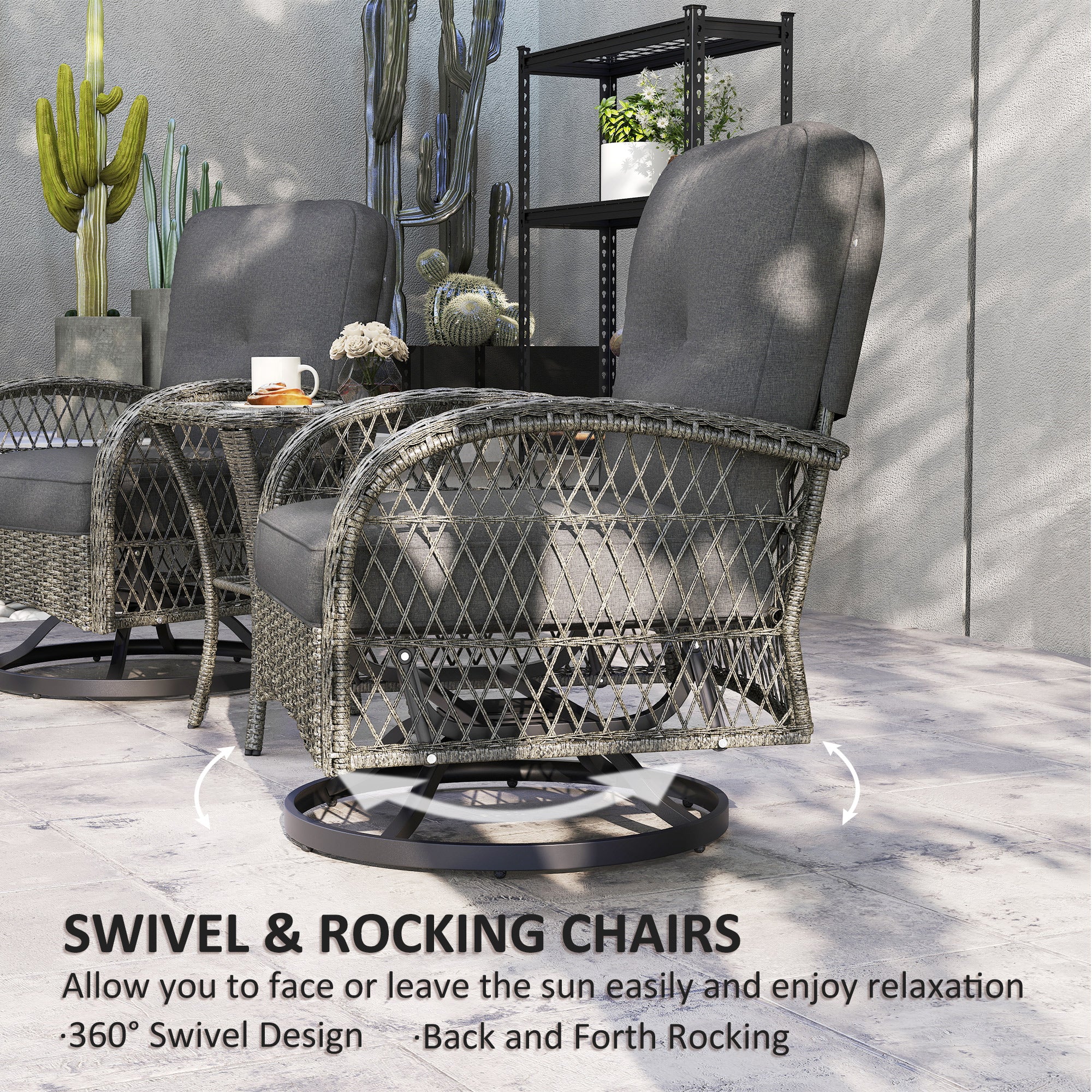 Wicker Balcony Furniture with 2 Swivel Rocking Chairs and 2-Tier Glass Coffee Table, Grey - Image 6