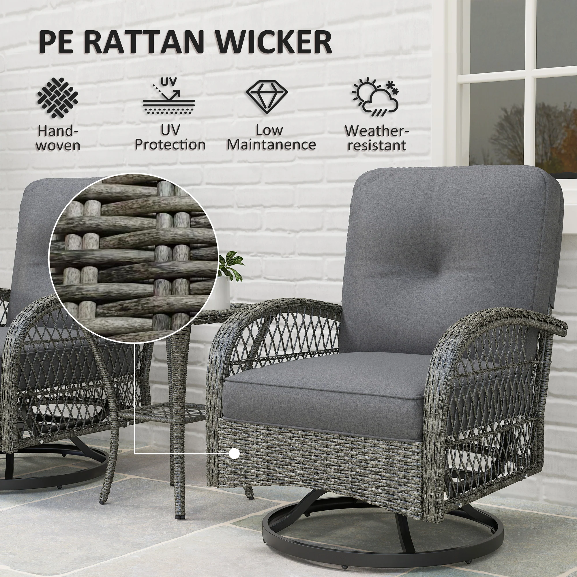 Wicker Balcony Furniture with 2 Swivel Rocking Chairs and 2-Tier Glass Coffee Table, Grey - Image 7