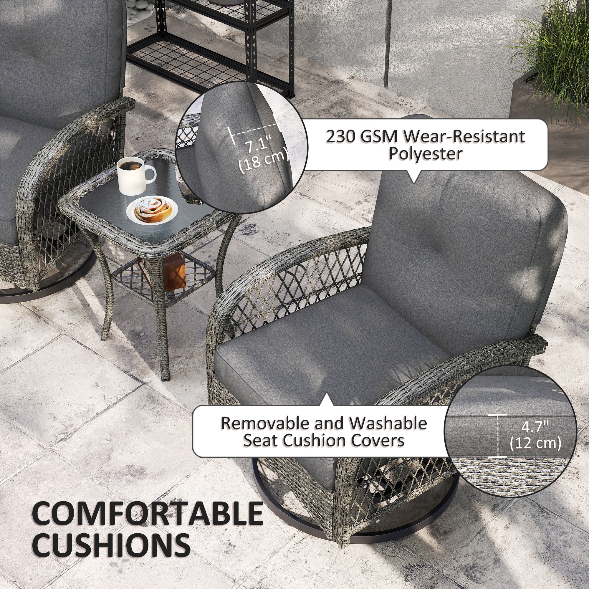 Wicker Balcony Furniture with 2 Swivel Rocking Chairs and 2-Tier Glass Coffee Table, Grey - Image 8