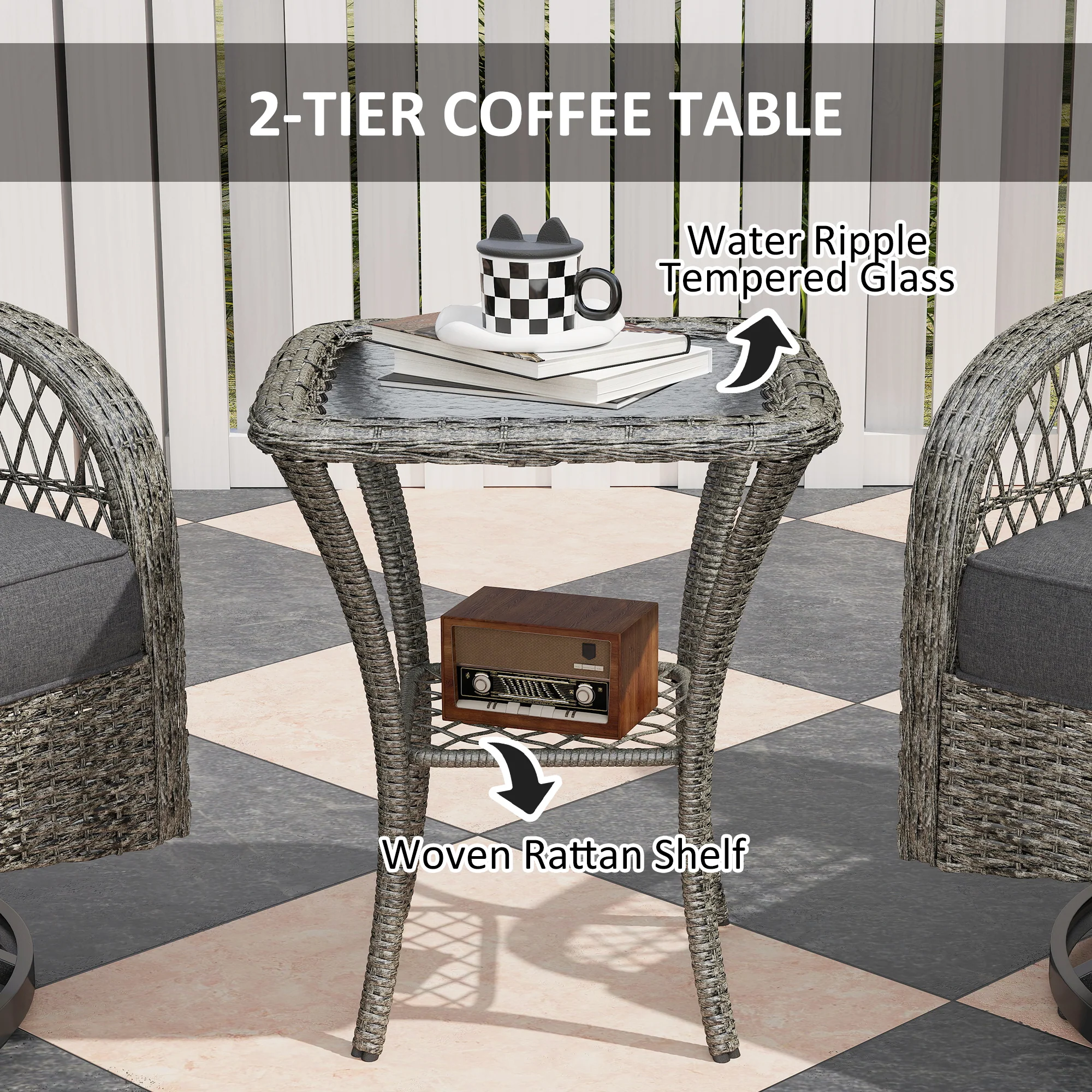 Wicker Balcony Furniture with 2 Swivel Rocking Chairs and 2-Tier Glass Coffee Table, Grey - Image 9