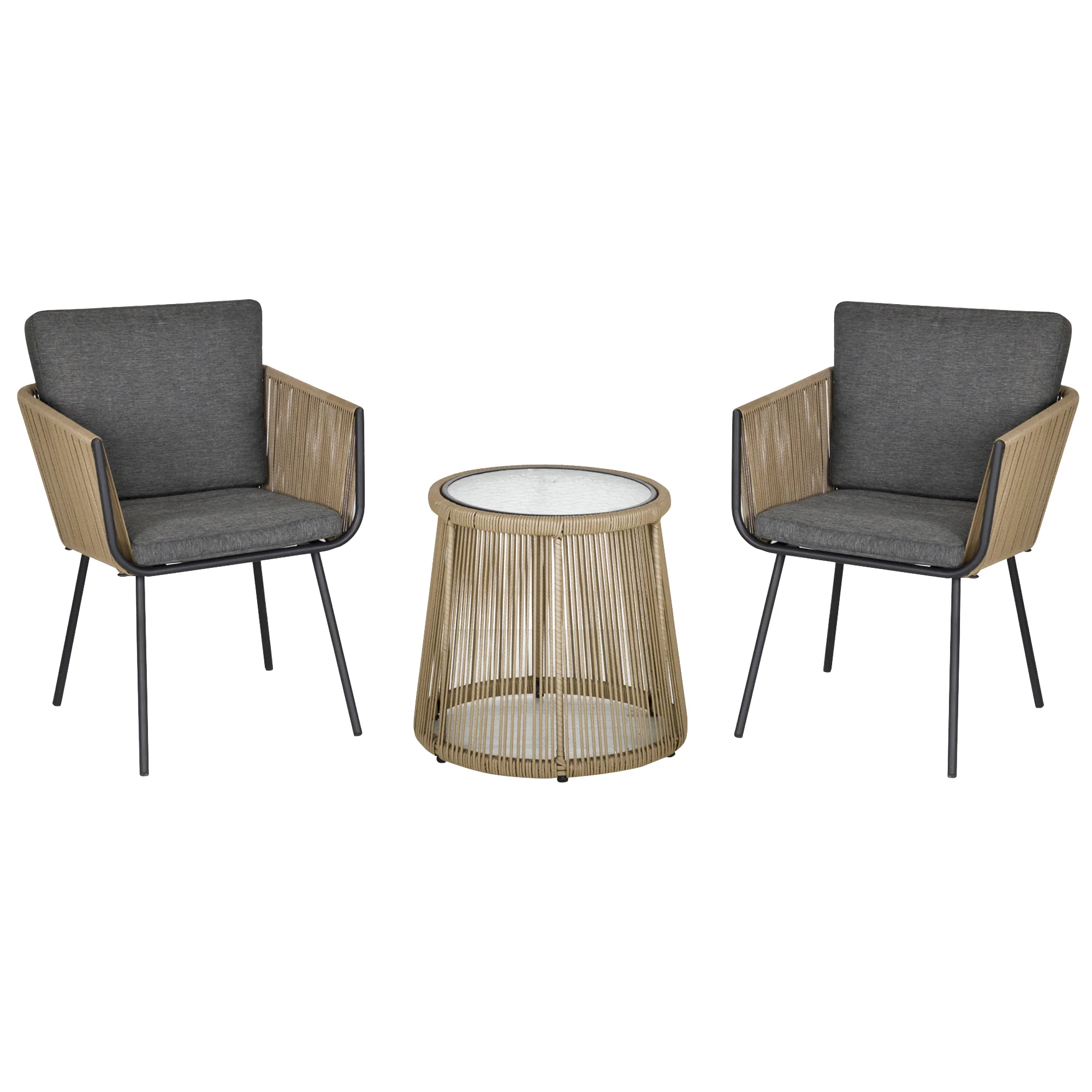 3 Piece Outdoor Patio Bistro Set, Wicker Rattan Furniture with Metal Legs, Grey