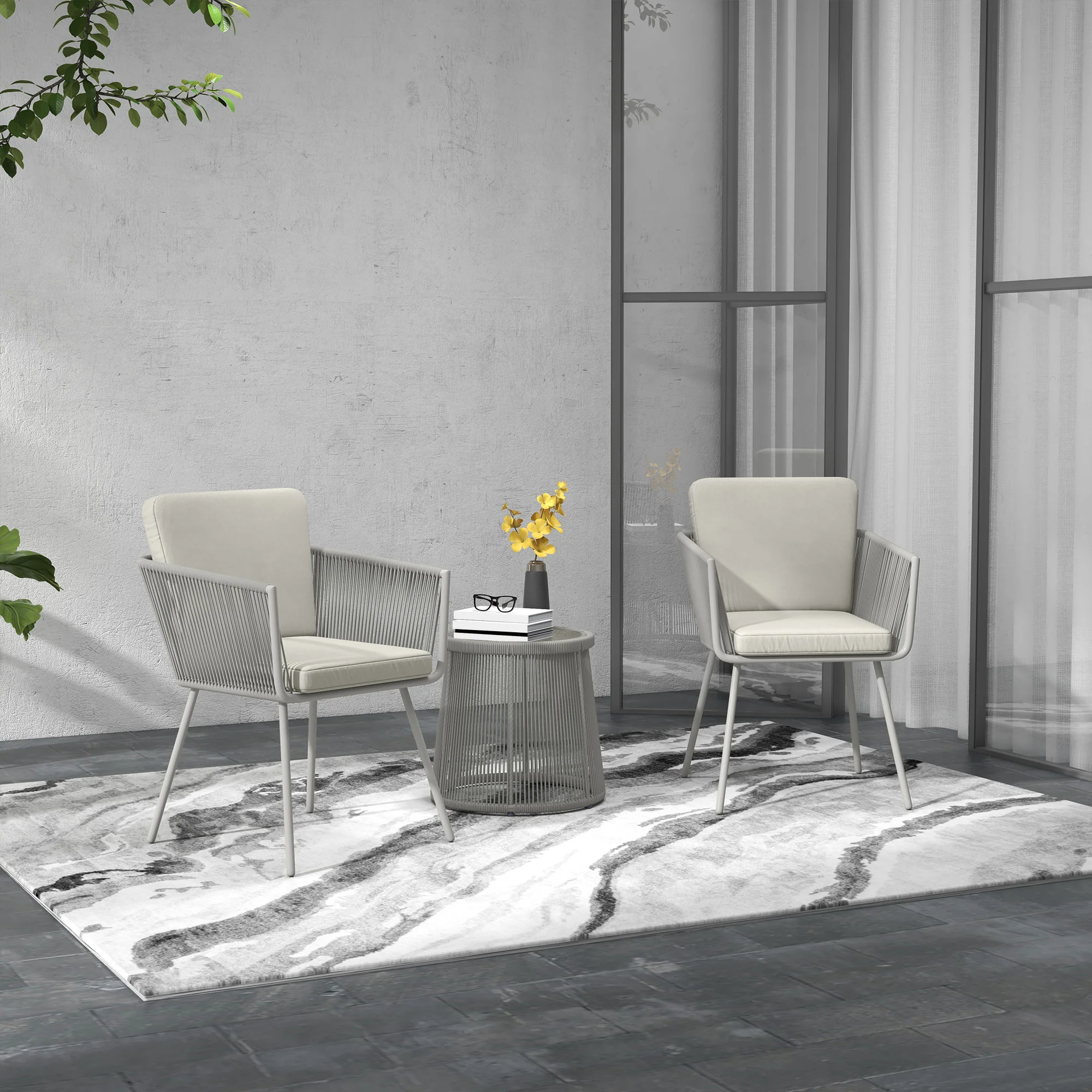3 Piece Outdoor Patio Bistro Set, Wicker Rattan Furniture with Metal Legs, Light Grey - Image 3