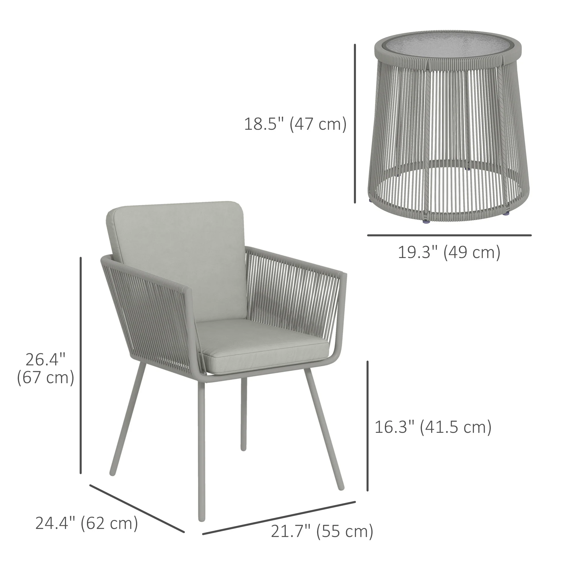 3 Piece Outdoor Patio Bistro Set, Wicker Rattan Furniture with Metal Legs, Light Grey - Image 5