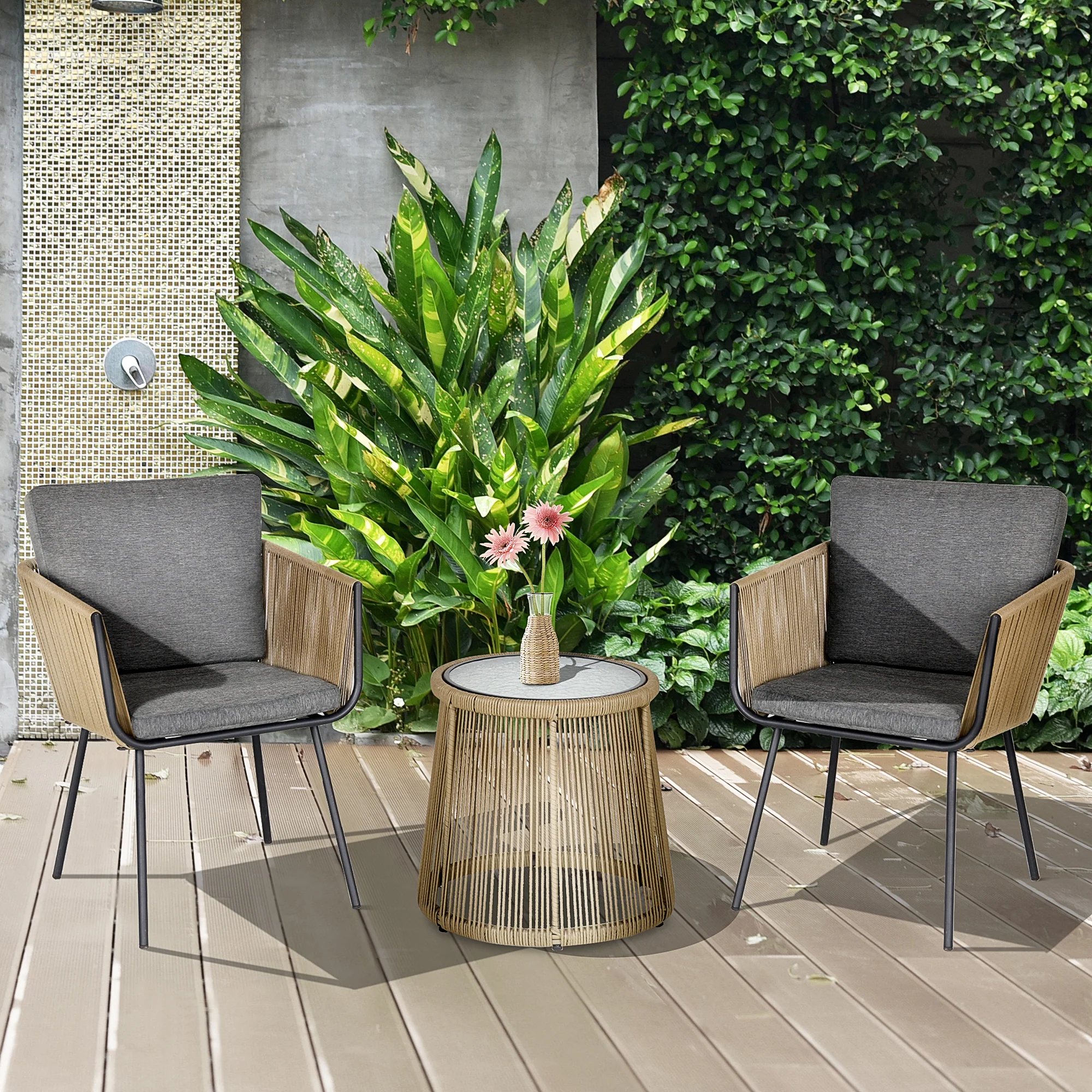 3 Piece Outdoor Patio Bistro Set, Wicker Rattan Furniture with Metal Legs, Grey - Image 3