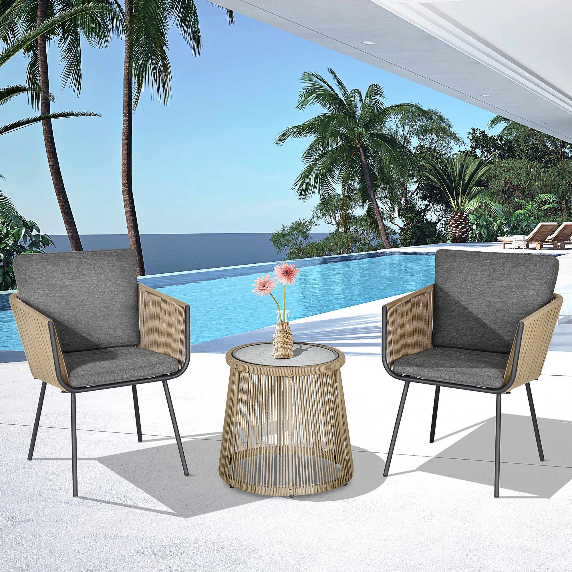 3 Piece Outdoor Patio Bistro Set, Wicker Rattan Furniture with Metal Legs, Grey - Image 4