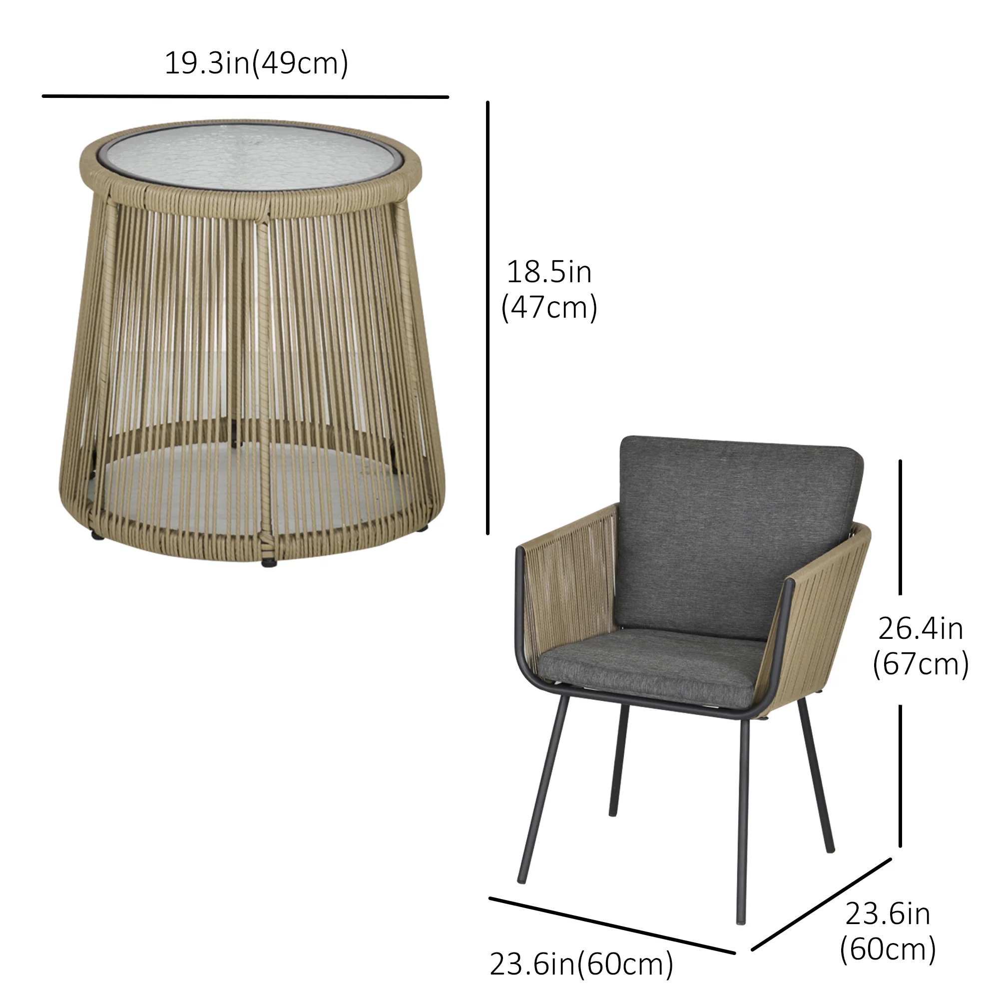 3 Piece Outdoor Patio Bistro Set, Wicker Rattan Furniture with Metal Legs, Grey - Image 5