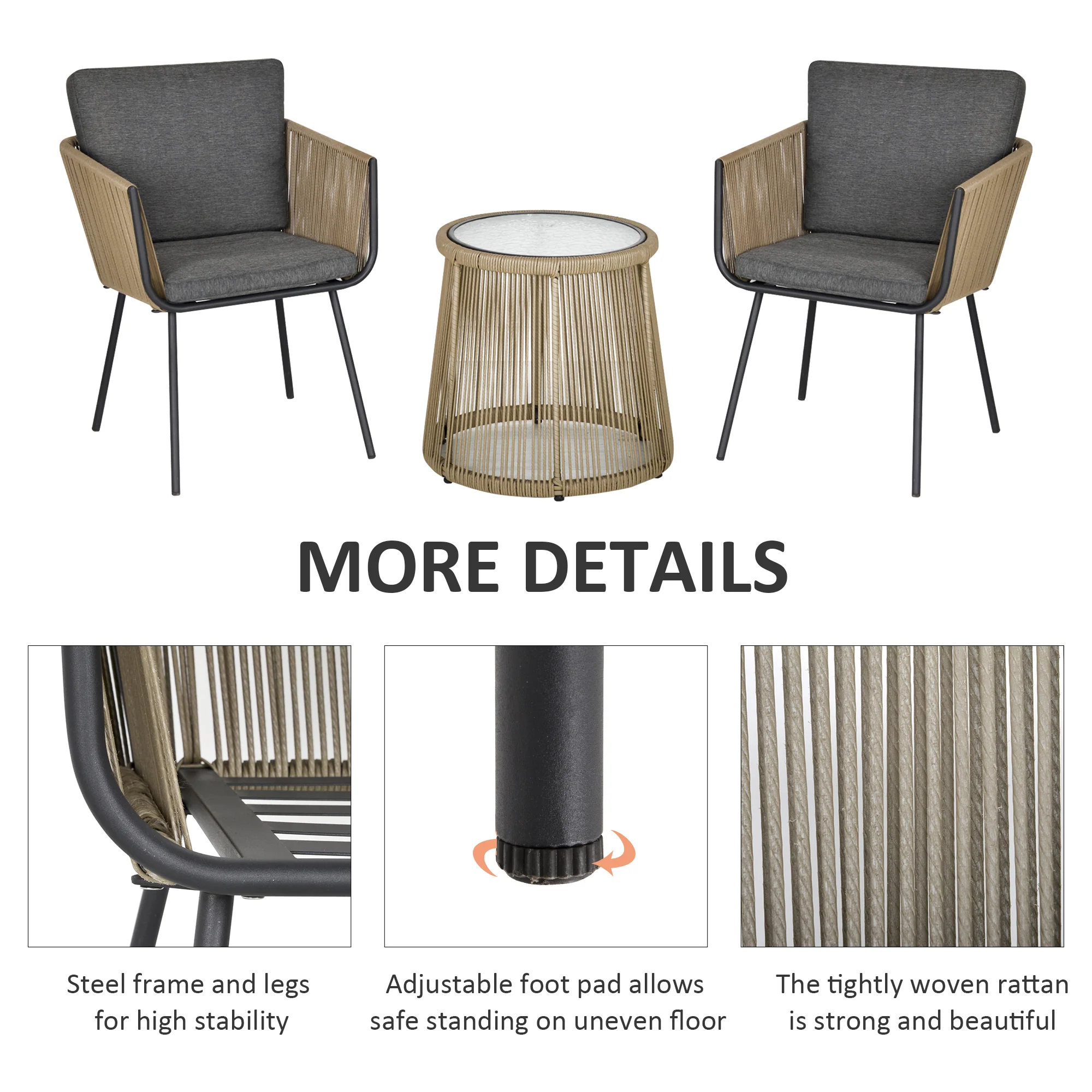 3 Piece Outdoor Patio Bistro Set, Wicker Rattan Furniture with Metal Legs, Grey - Image 6