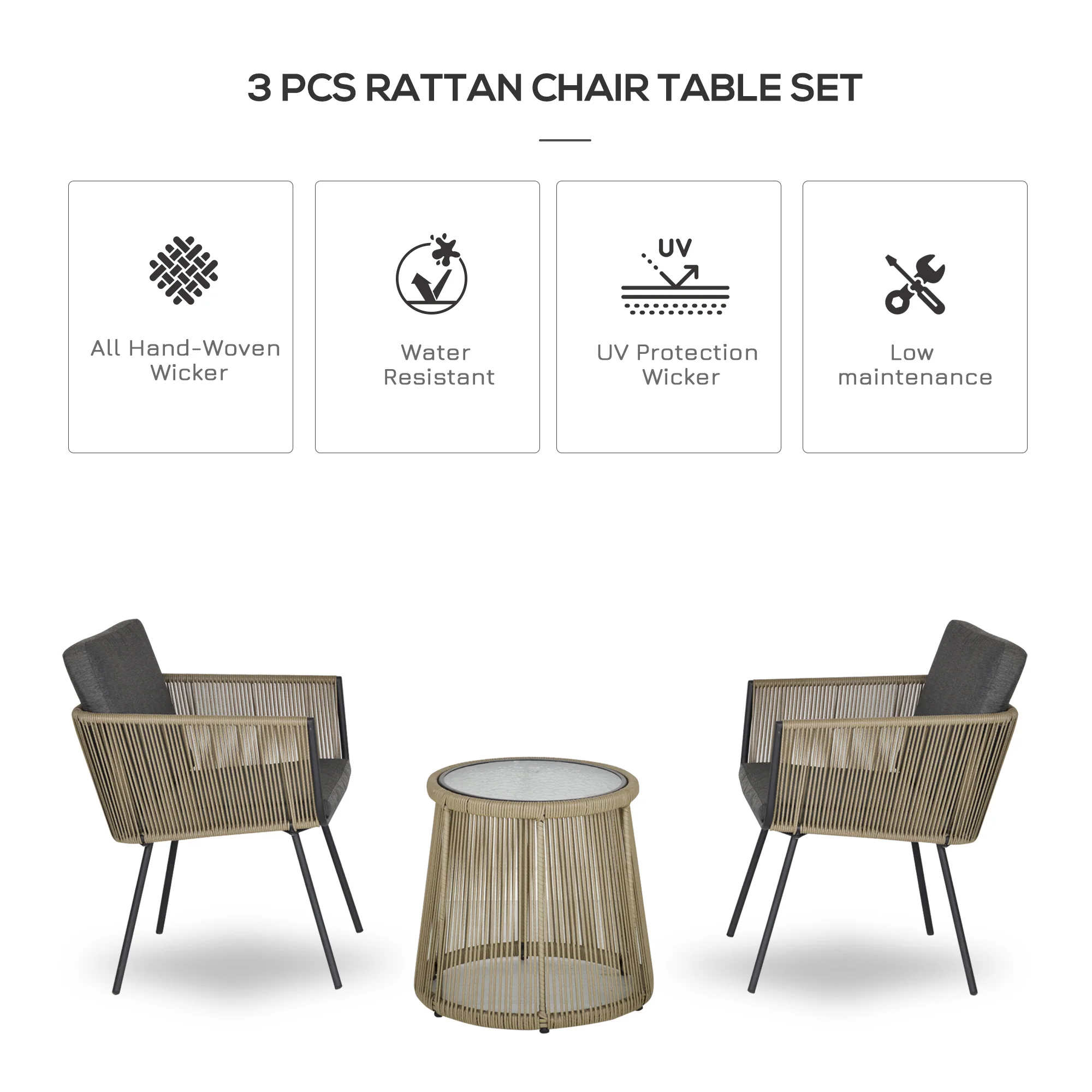 3 Piece Outdoor Patio Bistro Set, Wicker Rattan Furniture with Metal Legs, Grey - Image 7