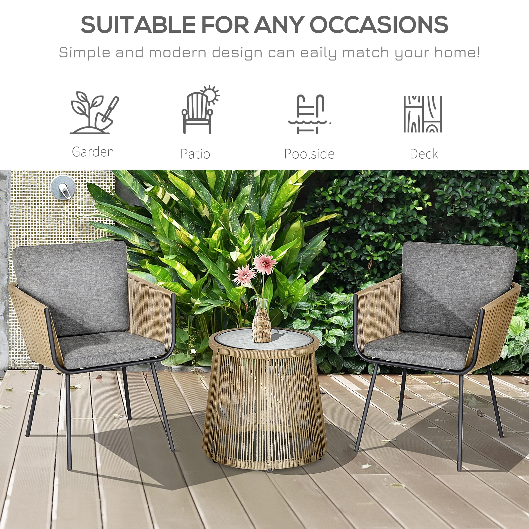 3 Piece Outdoor Patio Bistro Set, Wicker Rattan Furniture with Metal Legs, Grey - Image 9