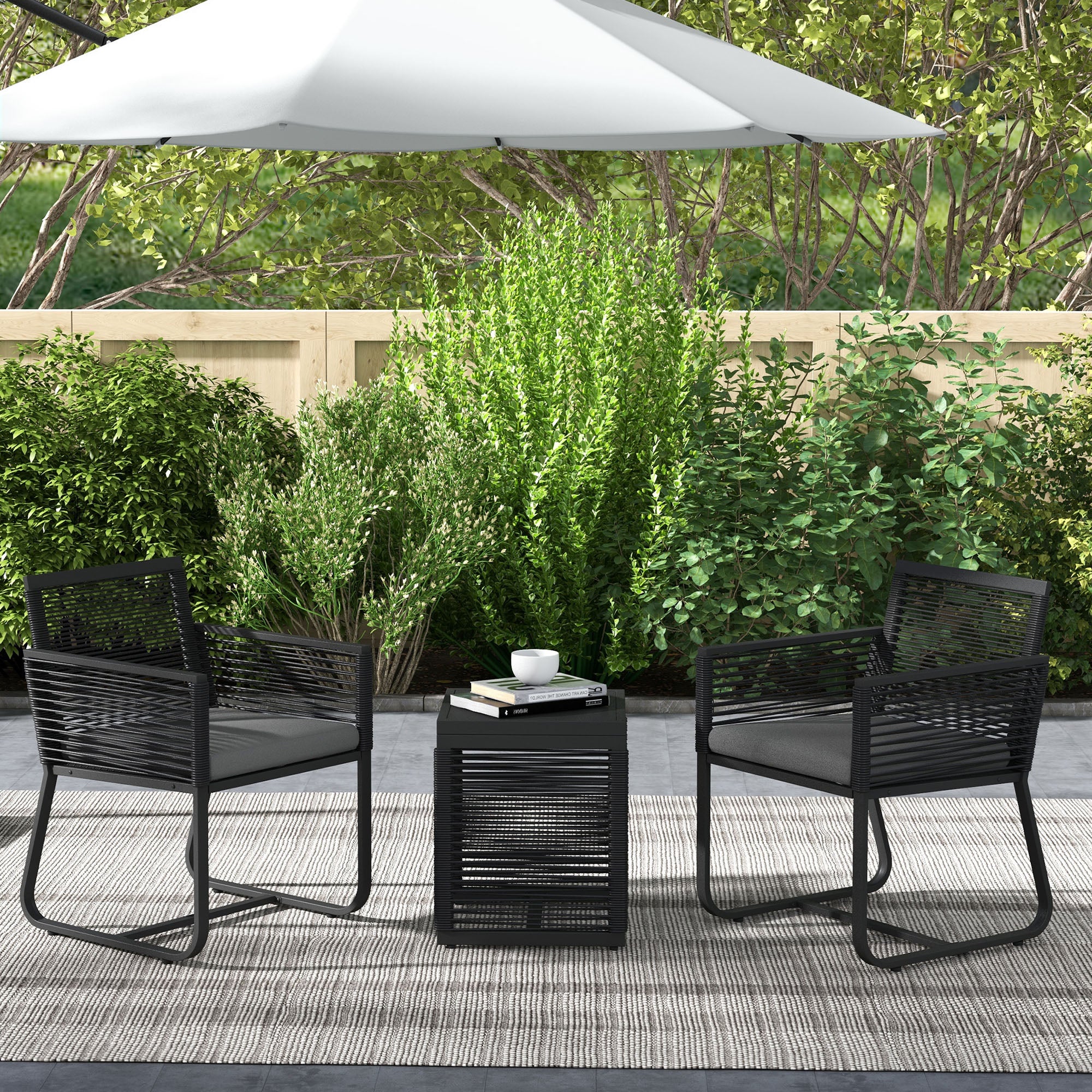 3 Piece Wicker Patio Furniture Set with Glass Top Table and Cushions, Black - Image 4